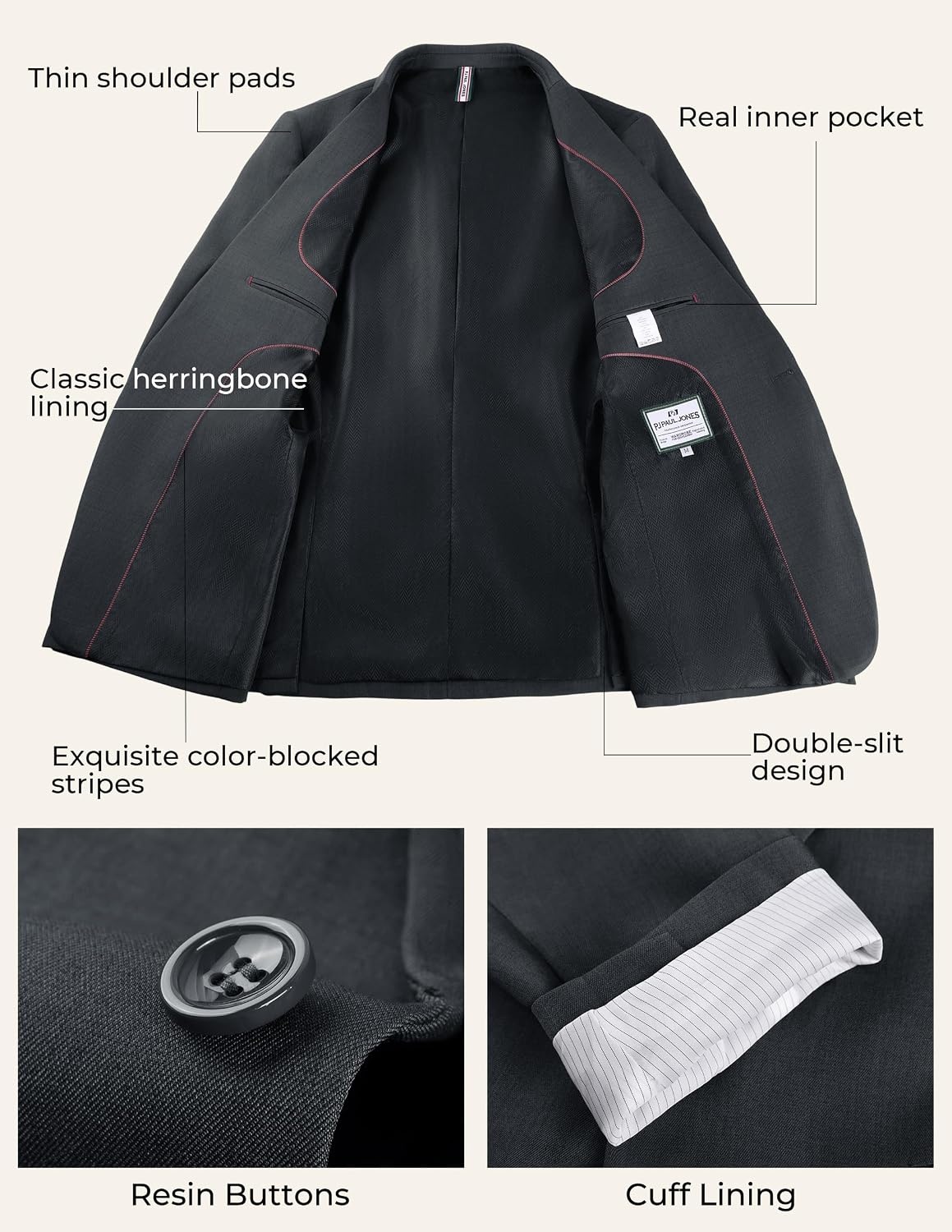 image:imagePJ PAUL JONES 3 Piece Suits for Men Slim Fit Suit Set Dress Business Tuxedo Soft durable fabric Stretch Adjustable waist belt Machine washable One button jacket vest pant suit for wedding promDark Gray