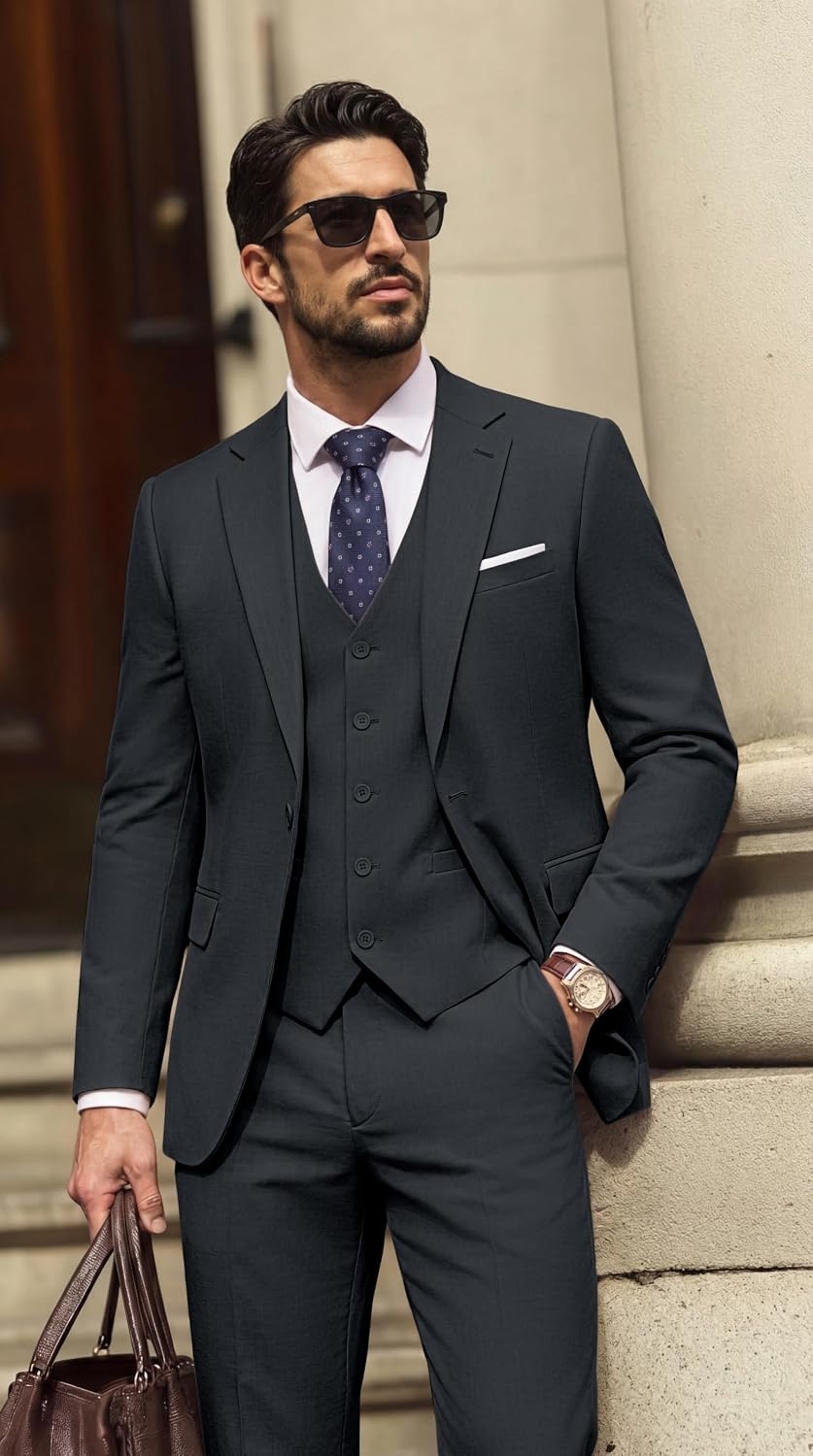 image:imagePJ PAUL JONES 3 Piece Suits for Men Slim Fit Suit Set Dress Business Tuxedo Soft durable fabric Stretch Adjustable waist belt Machine washable One button jacket vest pant suit for wedding promDark Gray