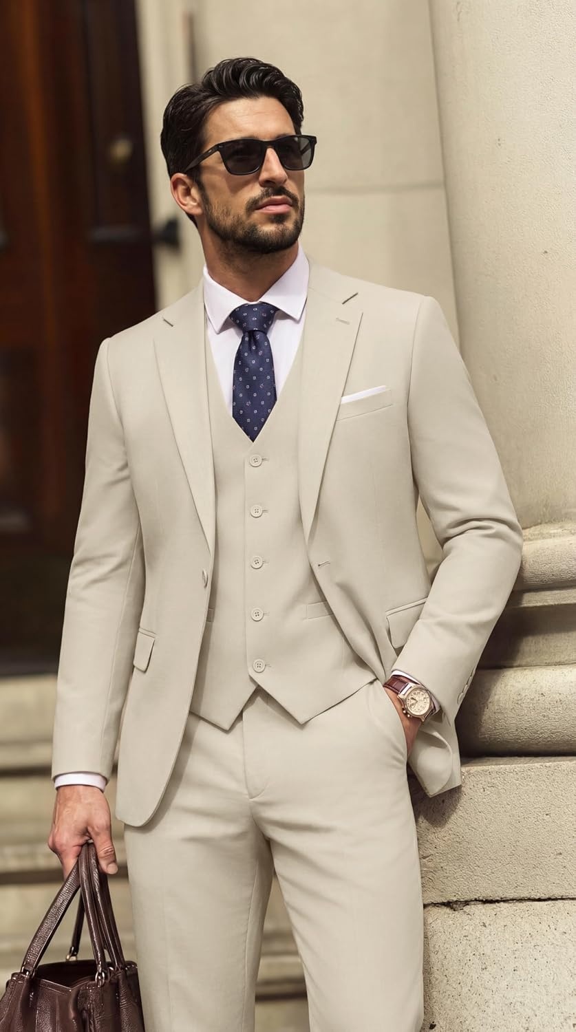 image:imagePJ PAUL JONES 3 Piece Suits for Men Slim Fit Suit Set Dress Business Tuxedo Soft durable fabric Stretch Adjustable waist belt Machine washable One button jacket vest pant suit for wedding promApricot