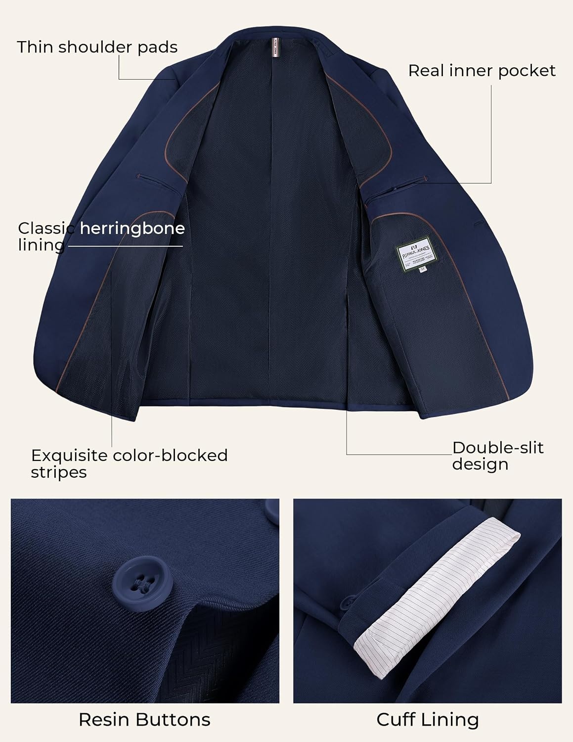 image:imagePJ PAUL JONES 3 Piece Suits for Men Slim Fit Suit Set Dress Business Tuxedo Soft durable fabric Stretch Adjustable waist belt Machine washable One button jacket vest pant suit for wedding promDark Blue
