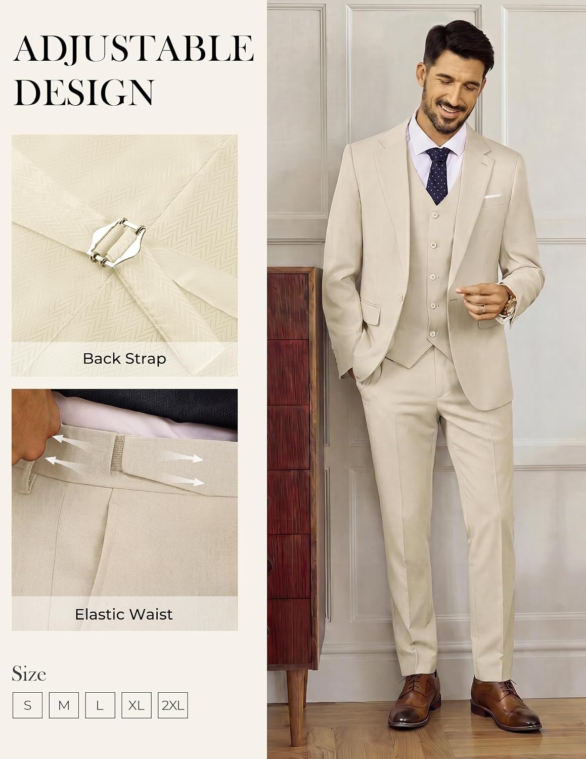 image:imagePJ PAUL JONES 3 Piece Suits for Men Slim Fit Suit Set Dress Business Tuxedo Soft durable fabric Stretch Adjustable waist belt Machine washable One button jacket vest pant suit for wedding promApricot