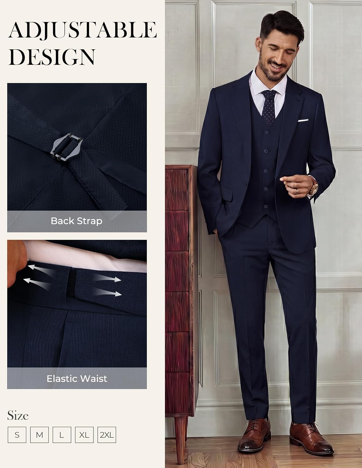 image:imagePJ PAUL JONES 3 Piece Suits for Men Slim Fit Suit Set Dress Business Tuxedo Soft durable fabric Stretch Adjustable waist belt Machine washable One button jacket vest pant suit for wedding promNavy Blue
