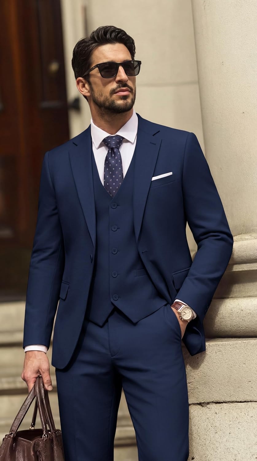 image:imagePJ PAUL JONES 3 Piece Suits for Men Slim Fit Suit Set Dress Business Tuxedo Soft durable fabric Stretch Adjustable waist belt Machine washable One button jacket vest pant suit for wedding promDark Blue