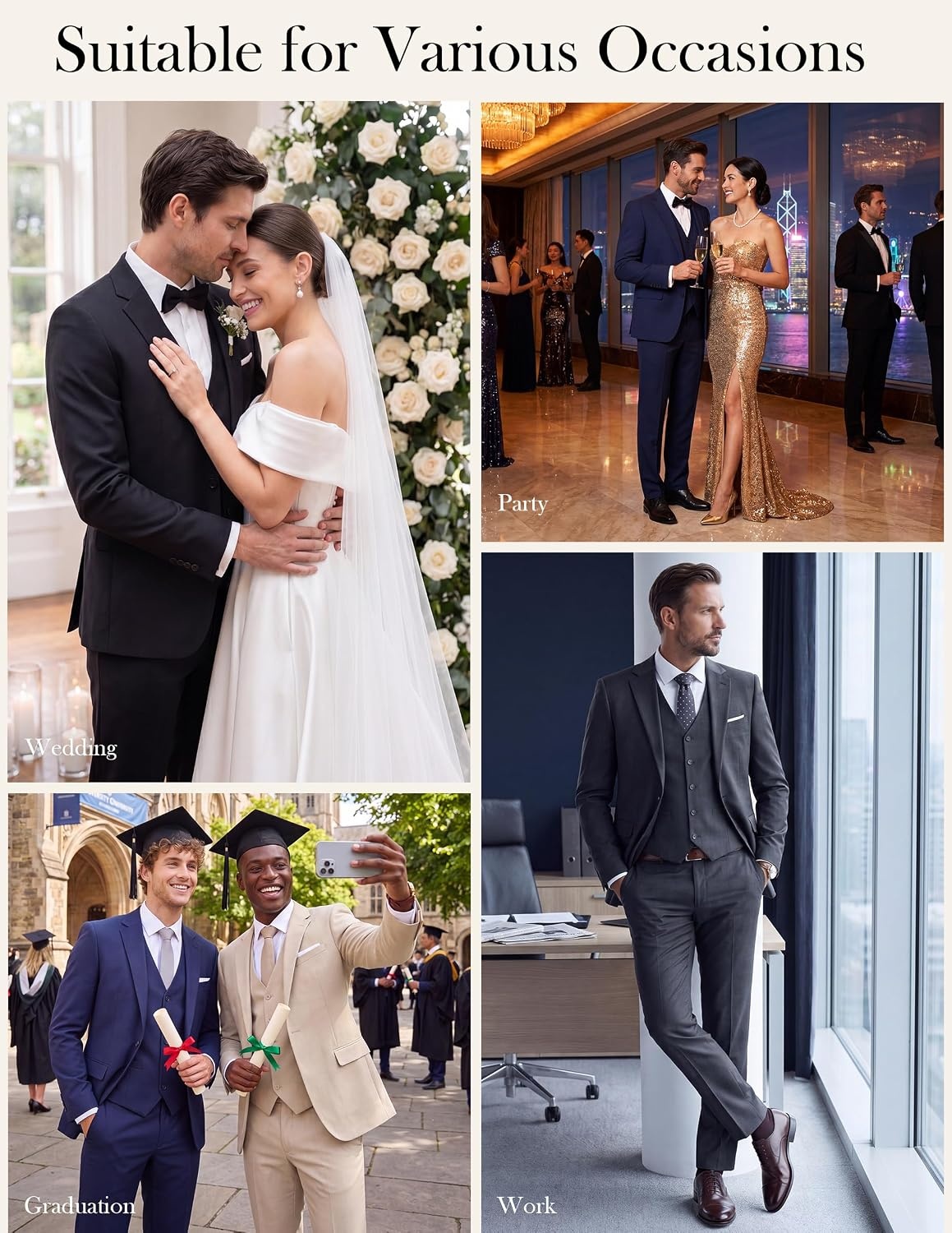 image:imagePJ PAUL JONES 3 Piece Suits for Men Slim Fit Suit Set Dress Business Tuxedo Soft durable fabric Stretch Adjustable waist belt Machine washable One button jacket vest pant suit for wedding promApricot