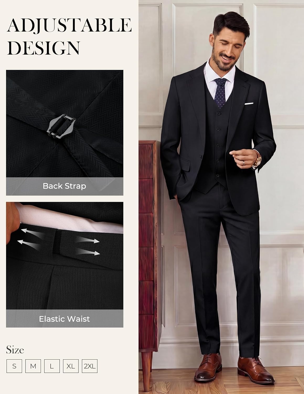 image:imagePJ PAUL JONES 3 Piece Suits for Men Slim Fit Suit Set Dress Business Tuxedo Soft durable fabric Stretch Adjustable waist belt Machine washable One button jacket vest pant suit for wedding promBlack