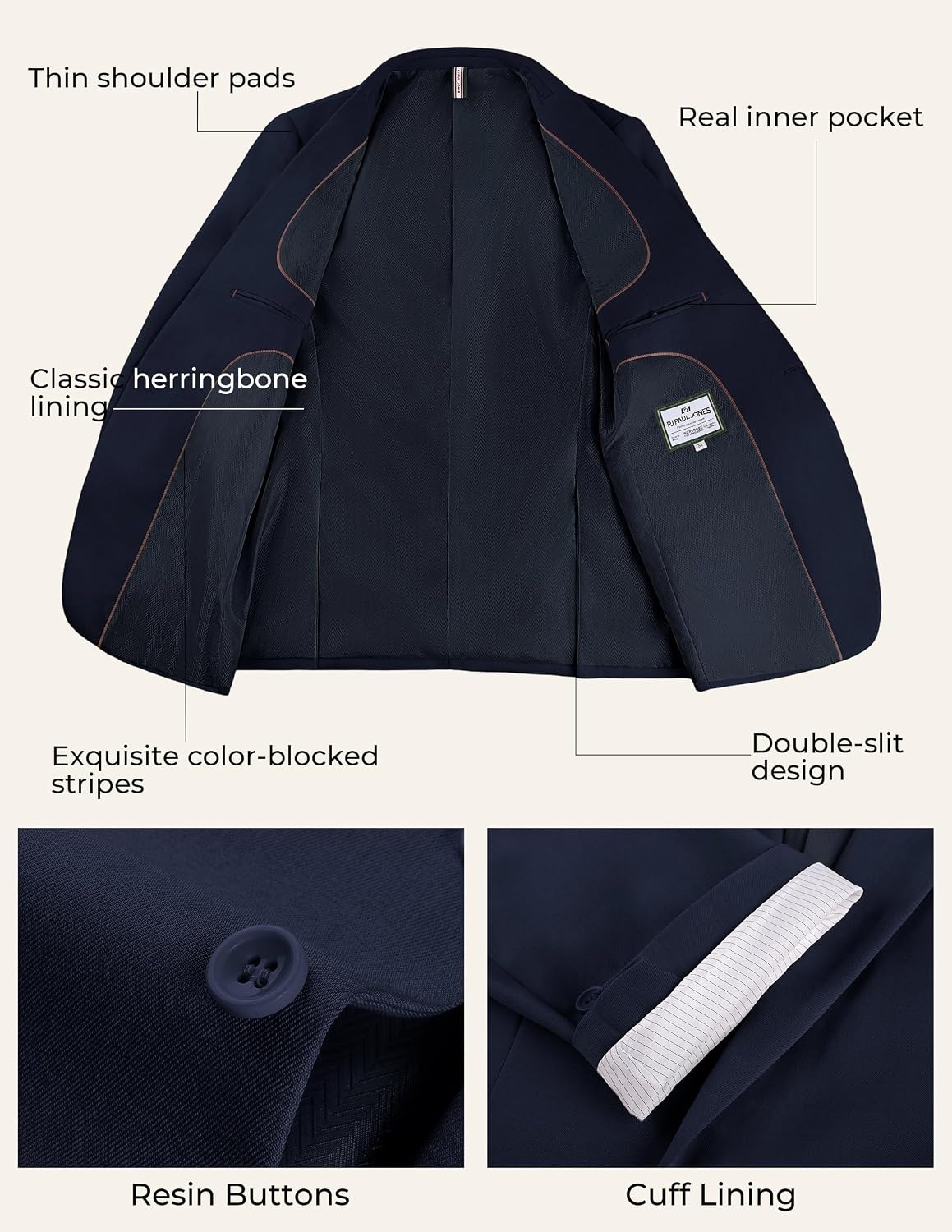 image:imagePJ PAUL JONES 3 Piece Suits for Men Slim Fit Suit Set Dress Business Tuxedo Soft durable fabric Stretch Adjustable waist belt Machine washable One button jacket vest pant suit for wedding promNavy Blue