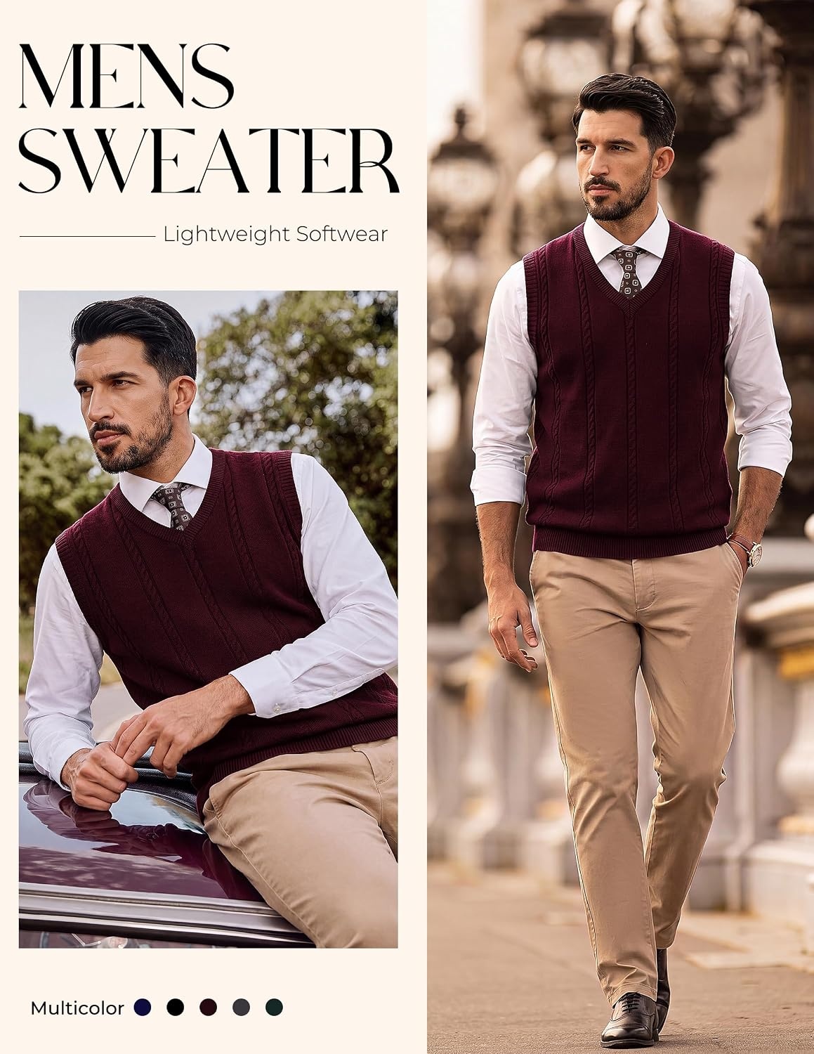 image:imagePJ PAUL JONES Mens Cable Knit Sweater Vest V Neck Sweater V Neck Pullover KnittedBreathable Stretchy Sweater VestRegular Fit Casual SweatersClassic Fall and Winter TopsWine Red