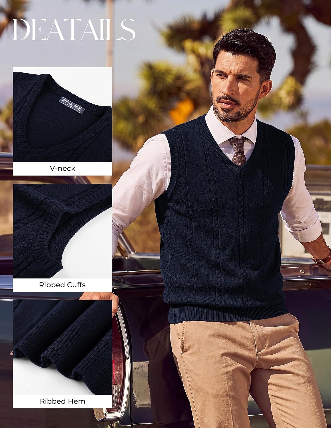 image:imagePJ PAUL JONES Mens Cable Knit Sweater Vest V Neck Sweater V Neck Pullover KnittedBreathable Stretchy Sweater VestRegular Fit Casual SweatersClassic Fall and Winter TopsNavy Blue
