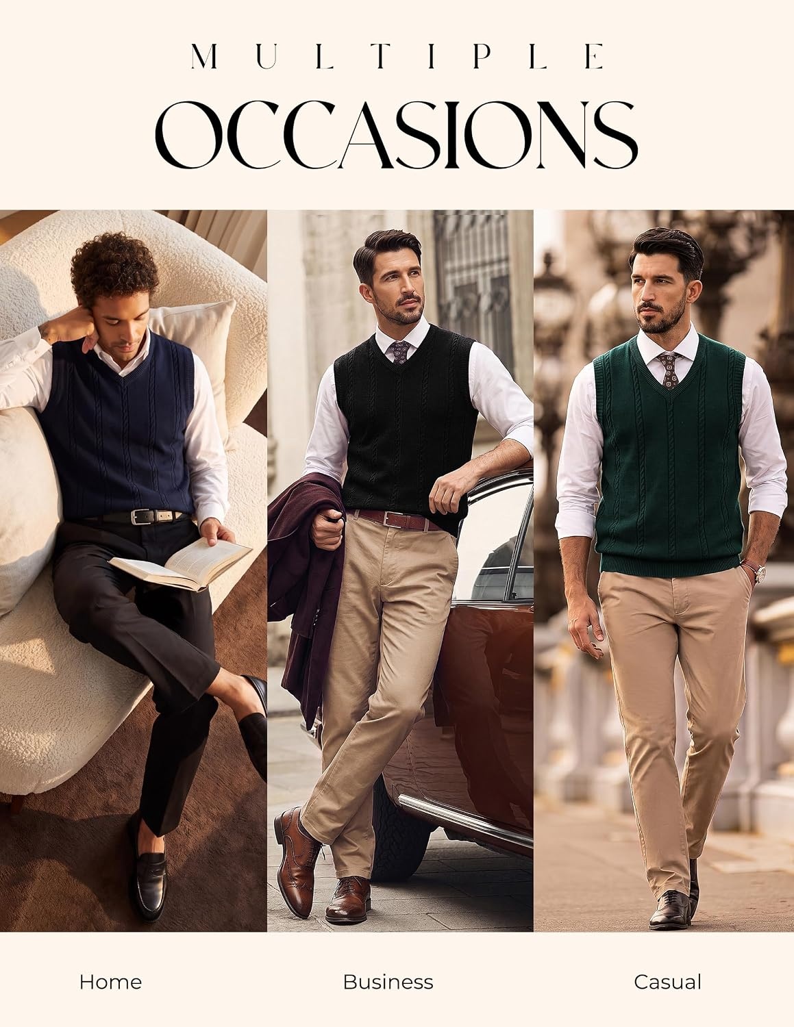 image:imagePJ PAUL JONES Mens Cable Knit Sweater Vest V Neck Sweater V Neck Pullover KnittedBreathable Stretchy Sweater VestRegular Fit Casual SweatersClassic Fall and Winter TopsDark Green