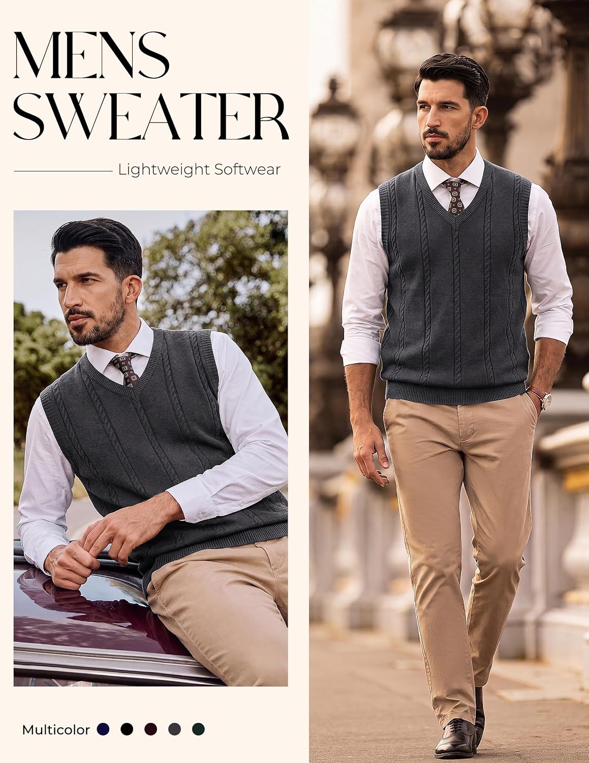 image:imagePJ PAUL JONES Mens Cable Knit Sweater Vest V Neck Sweater V Neck Pullover KnittedBreathable Stretchy Sweater VestRegular Fit Casual SweatersClassic Fall and Winter TopsGrey