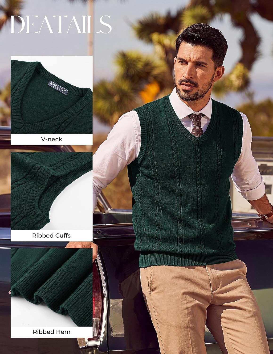 image:imagePJ PAUL JONES Mens Cable Knit Sweater Vest V Neck Sweater V Neck Pullover KnittedBreathable Stretchy Sweater VestRegular Fit Casual SweatersClassic Fall and Winter TopsDark Green