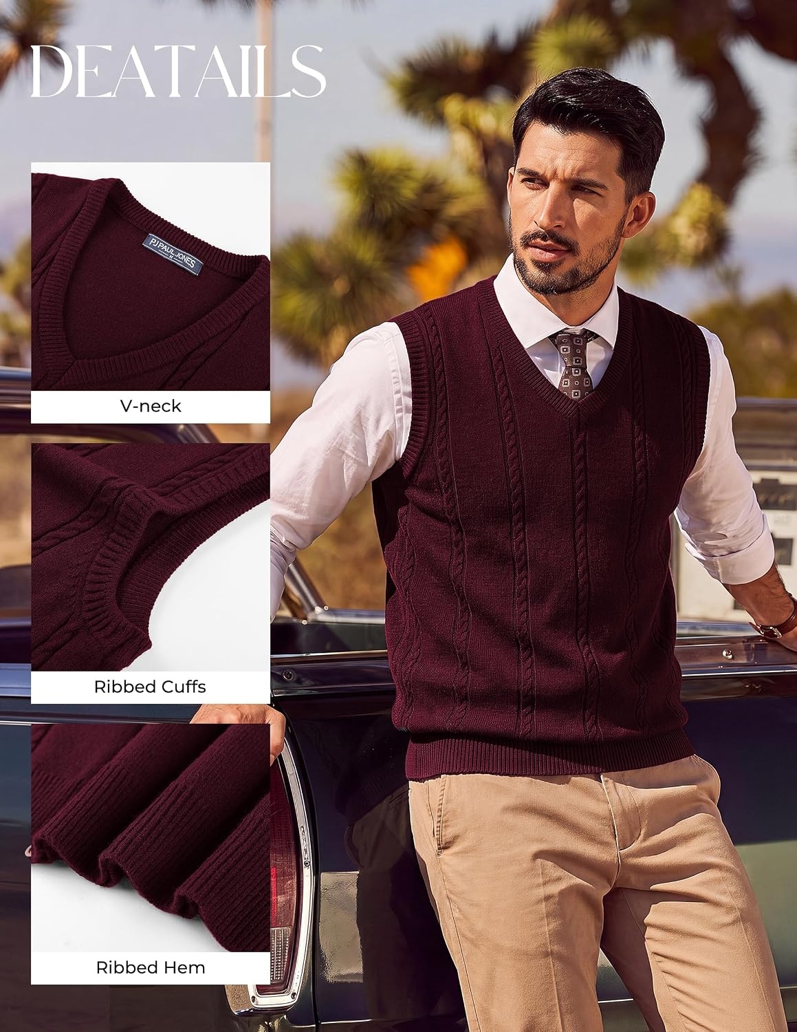 image:imagePJ PAUL JONES Mens Cable Knit Sweater Vest V Neck Sweater V Neck Pullover KnittedBreathable Stretchy Sweater VestRegular Fit Casual SweatersClassic Fall and Winter TopsWine Red