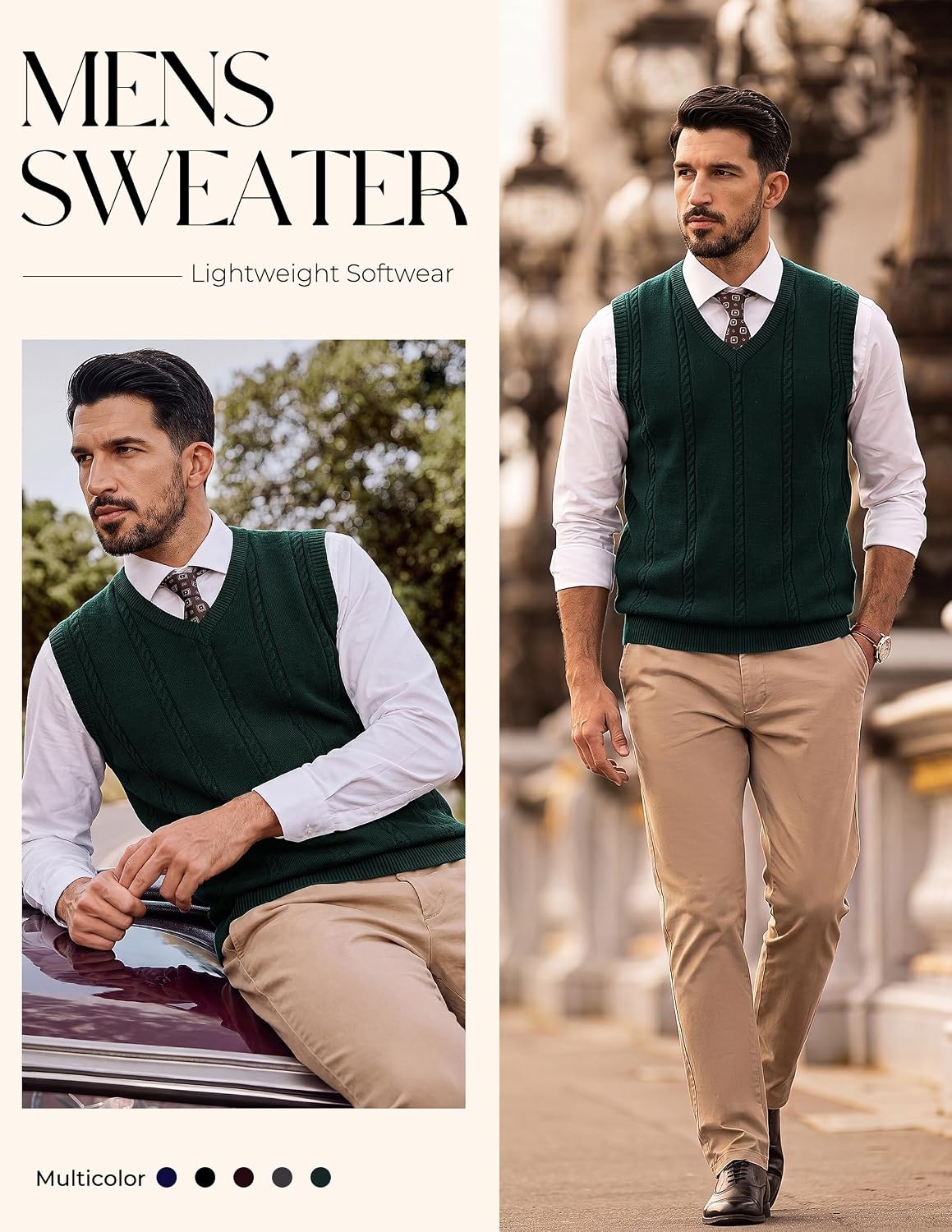 image:imagePJ PAUL JONES Mens Cable Knit Sweater Vest V Neck Sweater V Neck Pullover KnittedBreathable Stretchy Sweater VestRegular Fit Casual SweatersClassic Fall and Winter TopsDark Green