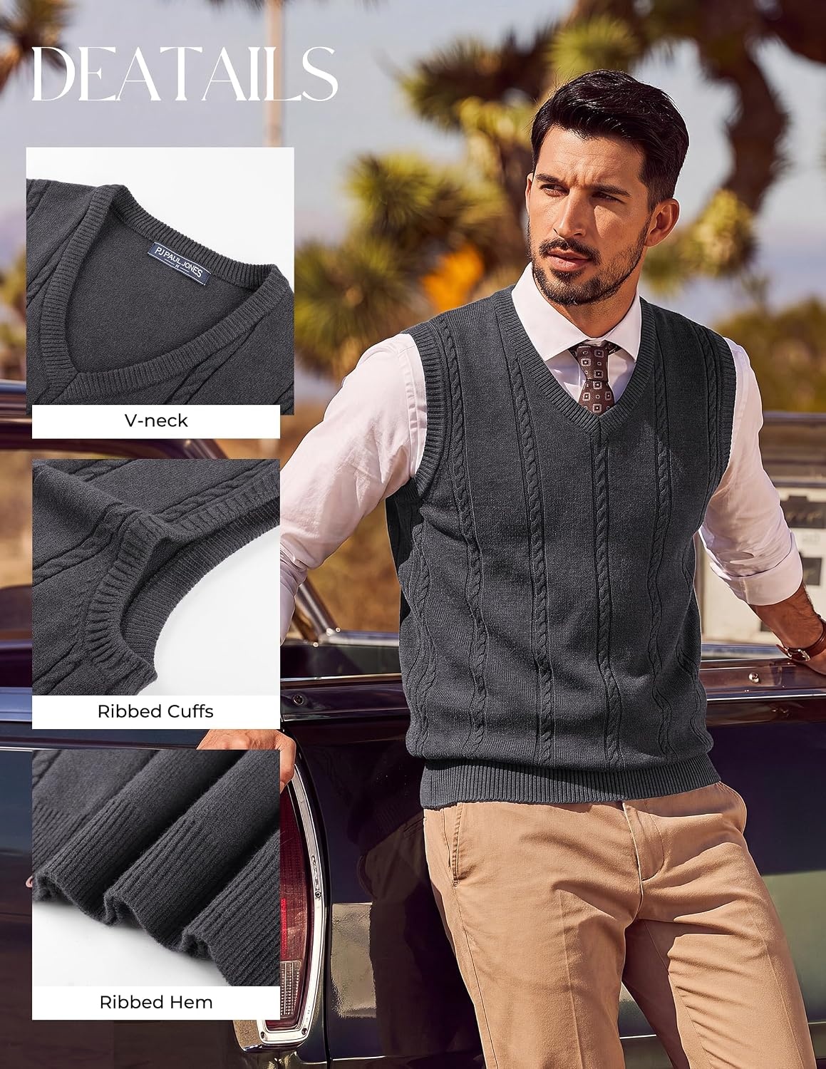 image:imagePJ PAUL JONES Mens Cable Knit Sweater Vest V Neck Sweater V Neck Pullover KnittedBreathable Stretchy Sweater VestRegular Fit Casual SweatersClassic Fall and Winter TopsGrey