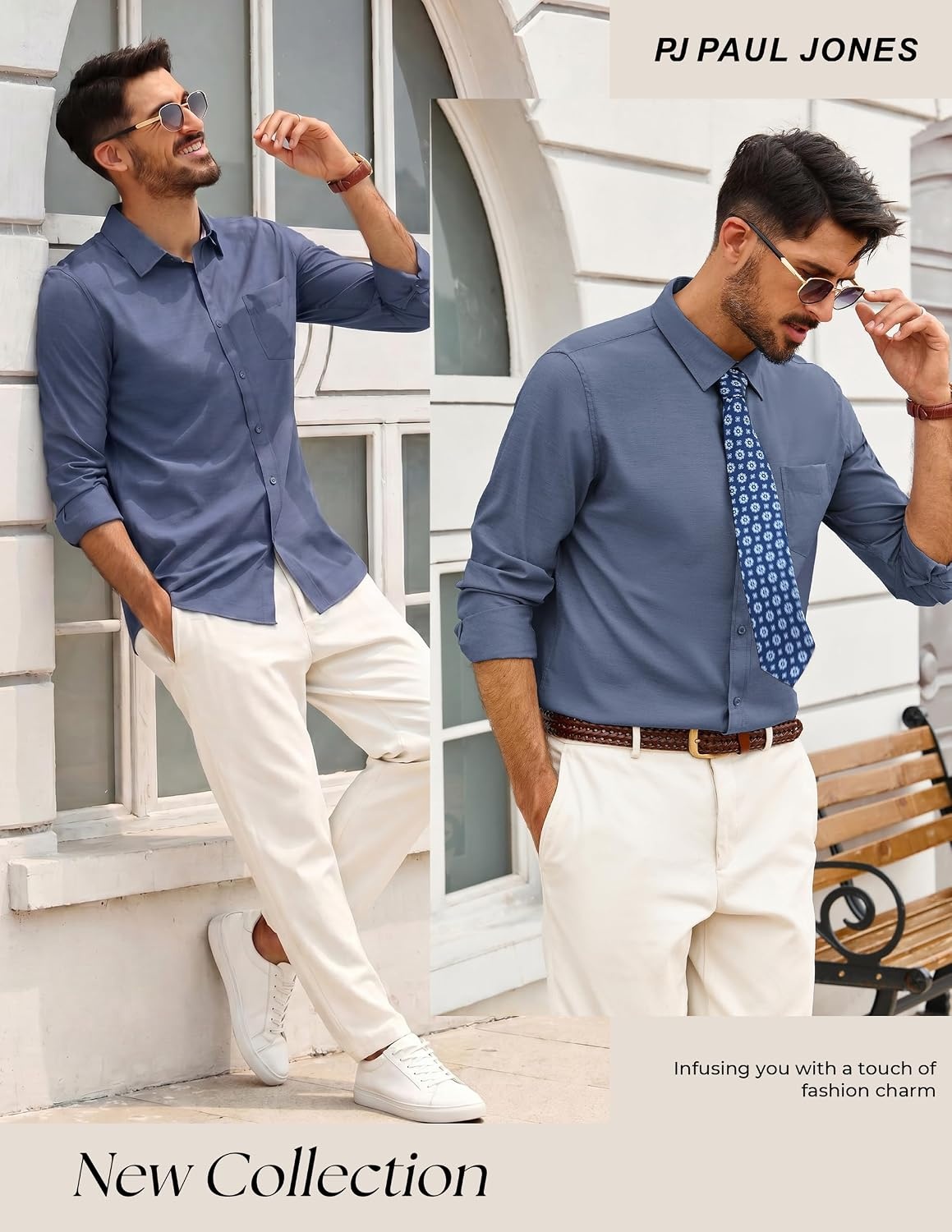 image:imagePJ PAUL JONES Mens Dress Shirts Casual Button Down Untucked Shirts for Men Long Sleeve Wrinkle Free Business Casual Lightweight Suitable for officeworktravel Similar to Oxford clothDark Denim Blue