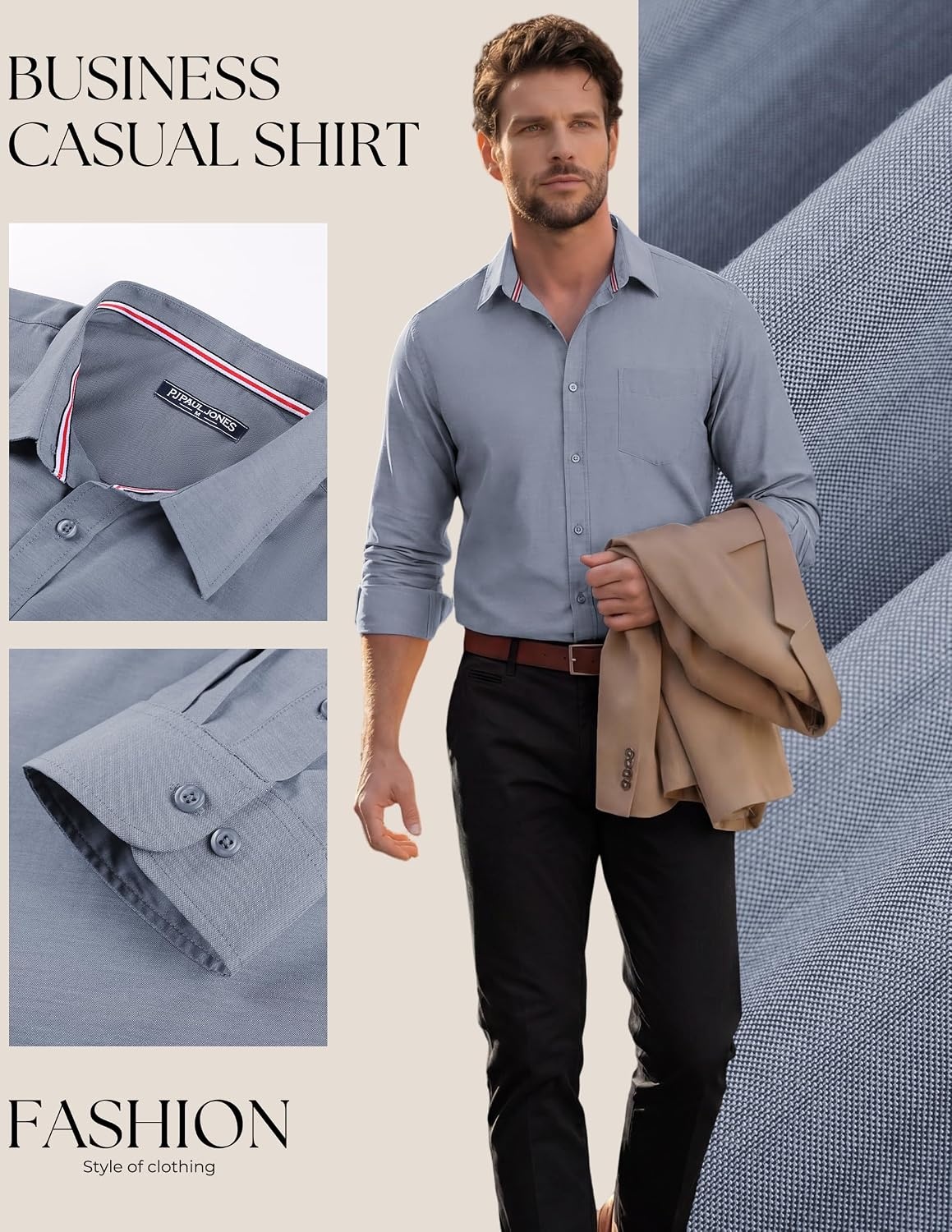 image:imagePJ PAUL JONES Mens Dress Shirts Casual Button Down Untucked Shirts for Men Long Sleeve Wrinkle Free Business Casual Lightweight Suitable for officeworktravel Similar to Oxford clothLake Blue