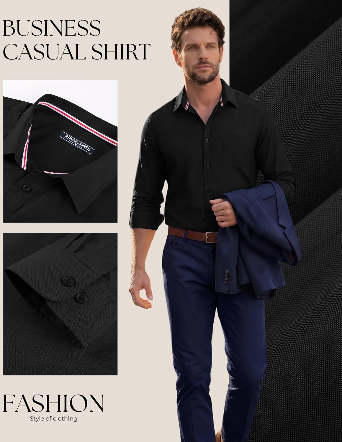 image:imagePJ PAUL JONES Mens Dress Shirts Casual Button Down Untucked Shirts for Men Long Sleeve Wrinkle Free Business Casual Lightweight Suitable for officeworktravel Similar to Oxford clothBlack