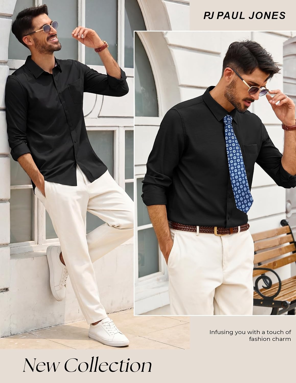 image:imagePJ PAUL JONES Mens Dress Shirts Casual Button Down Untucked Shirts for Men Long Sleeve Wrinkle Free Business Casual Lightweight Suitable for officeworktravel Similar to Oxford clothBlack