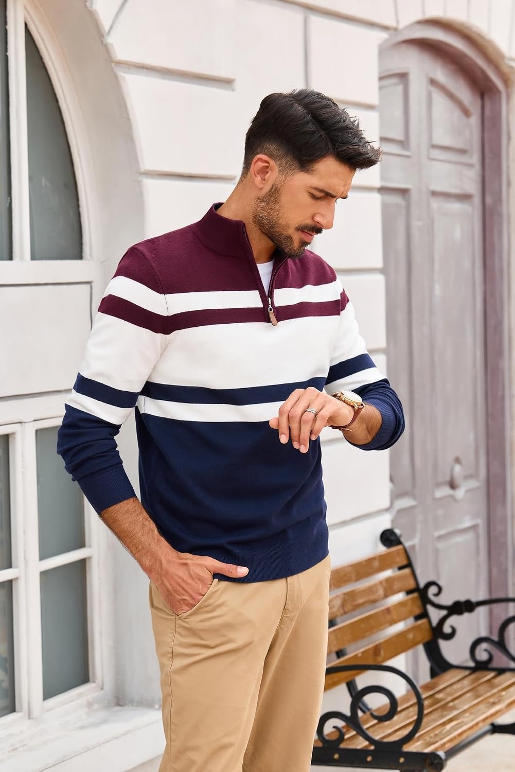 image:imagePJ PAUL JONES Mens Quarter Zip Pullover Sweater 14 ZipMock Neck Long Sleeve Sweaters Lightweight Soft Tops Business Casual Work Office Outfits Fall Winter 2026 ClothesNavy Wine Red