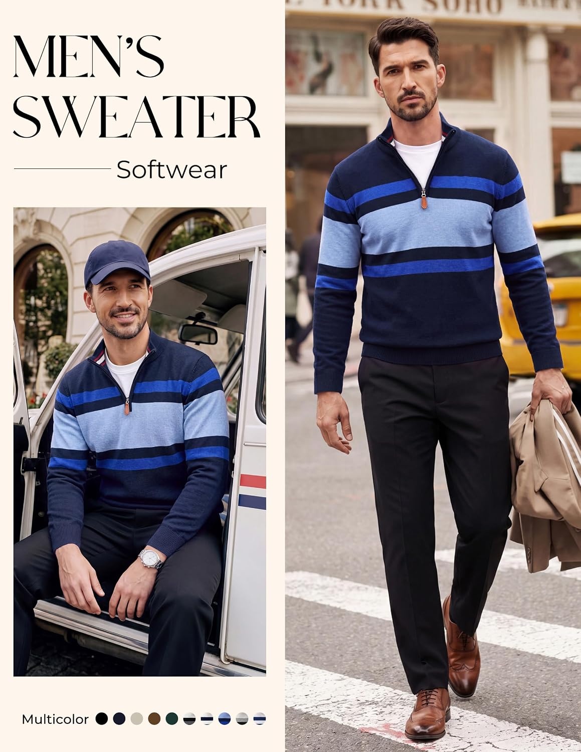 image:imagePJ PAUL JONES Mens Quarter Zip Pullover Sweater 14 ZipMock Neck Long Sleeve Sweaters Lightweight Soft Tops Business Casual Work Office Outfits Fall Winter 2026 ClothesNavy Sky Blue