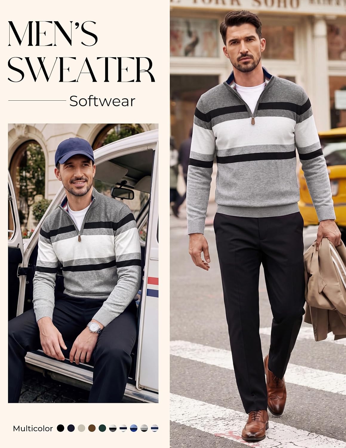 image:imagePJ PAUL JONES Mens Quarter Zip Pullover Sweater 14 ZipMock Neck Long Sleeve Sweaters Lightweight Soft Tops Business Casual Work Office Outfits Fall Winter 2026 ClothesLight Grey Dark Grey