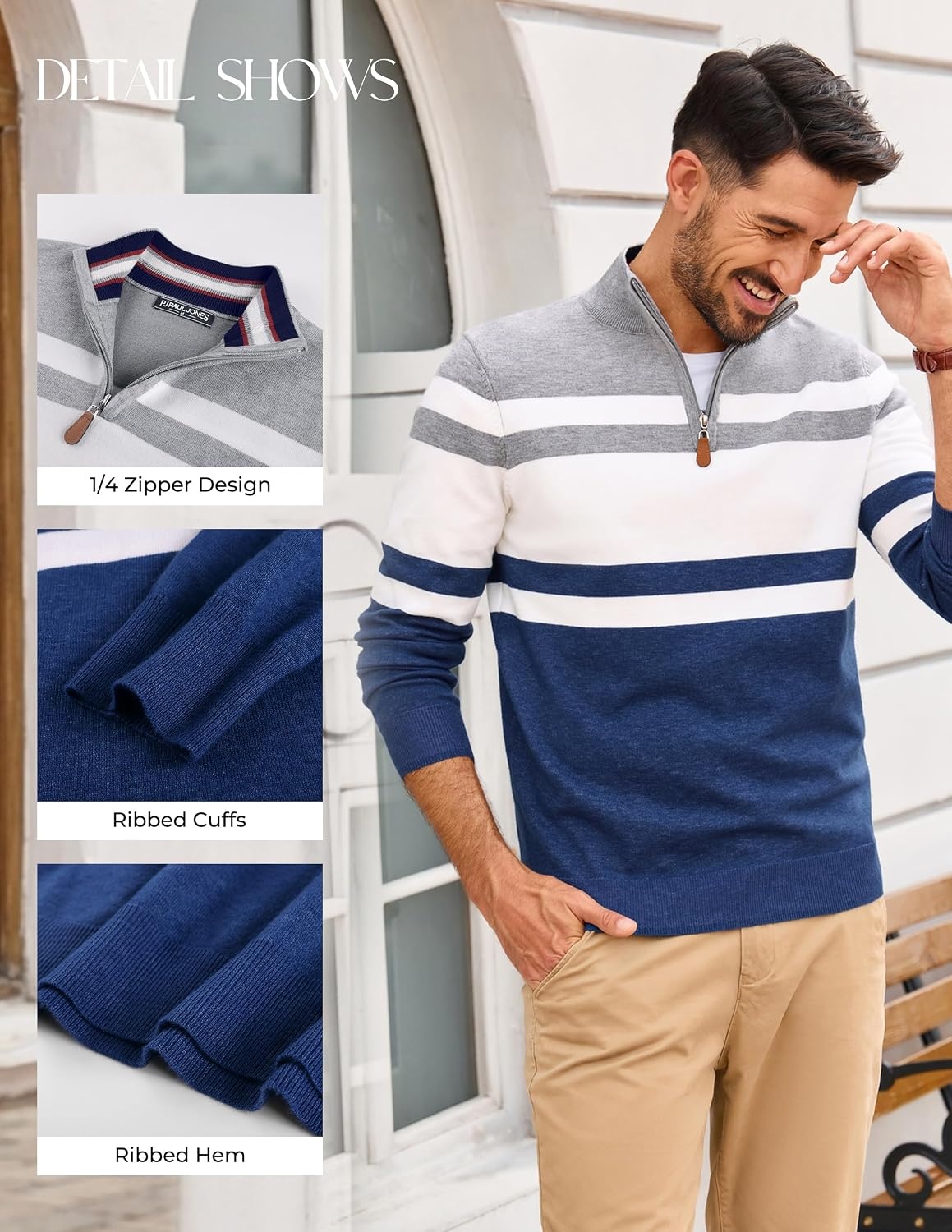 image:imagePJ PAUL JONES Mens Quarter Zip Pullover Sweater 14 ZipMock Neck Long Sleeve Sweaters Lightweight Soft Tops Business Casual Work Office Outfits Fall Winter 2026 ClothesBlue Light Grey