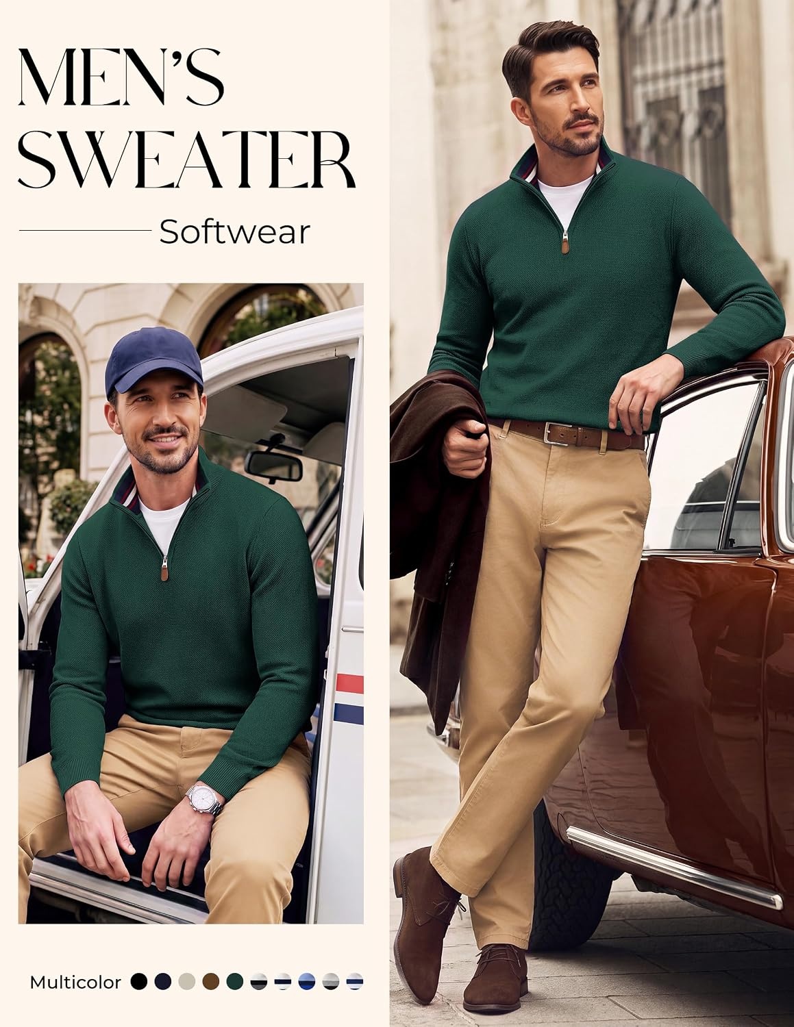 image:imagePJ PAUL JONES Mens Quarter Zip Pullover Sweater 14 ZipMock Neck Long Sleeve Sweaters Lightweight Soft Tops Business Casual Work Office Outfits Fall Winter 2026 ClothesDark Green