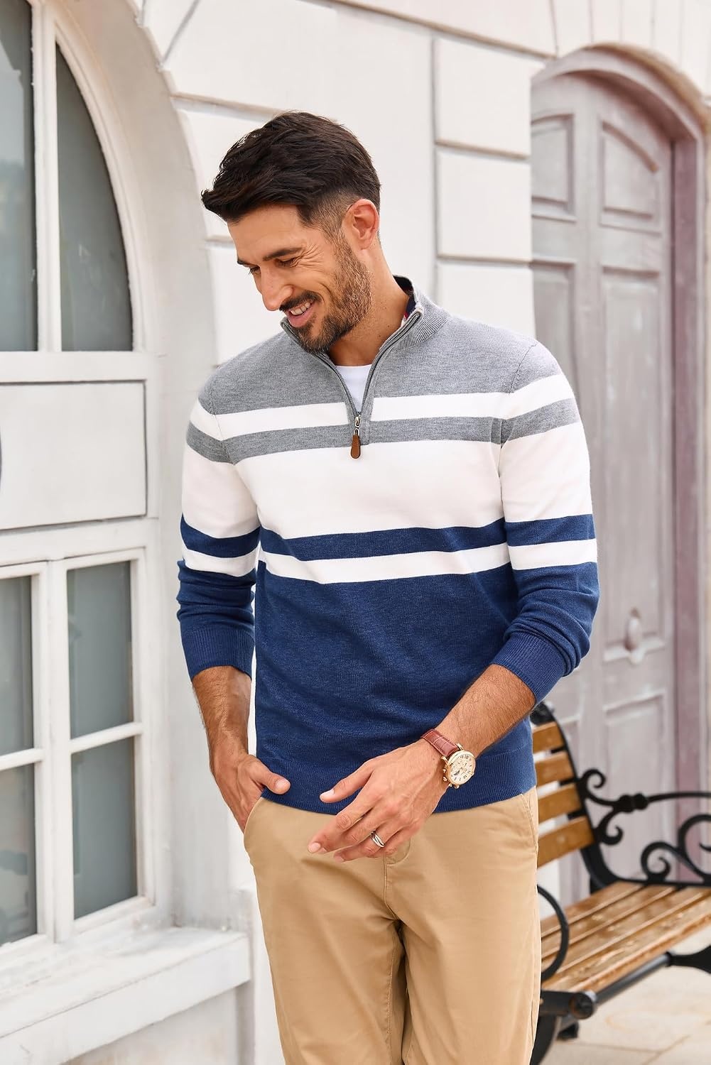 image:imagePJ PAUL JONES Mens Quarter Zip Pullover Sweater 14 ZipMock Neck Long Sleeve Sweaters Lightweight Soft Tops Business Casual Work Office Outfits Fall Winter 2026 ClothesBlue Light Grey