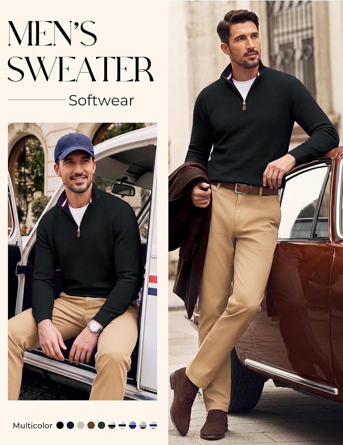 image:imagePJ PAUL JONES Mens Quarter Zip Pullover Sweater 14 ZipMock Neck Long Sleeve Sweaters Lightweight Soft Tops Business Casual Work Office Outfits Fall Winter 2026 ClothesBlack