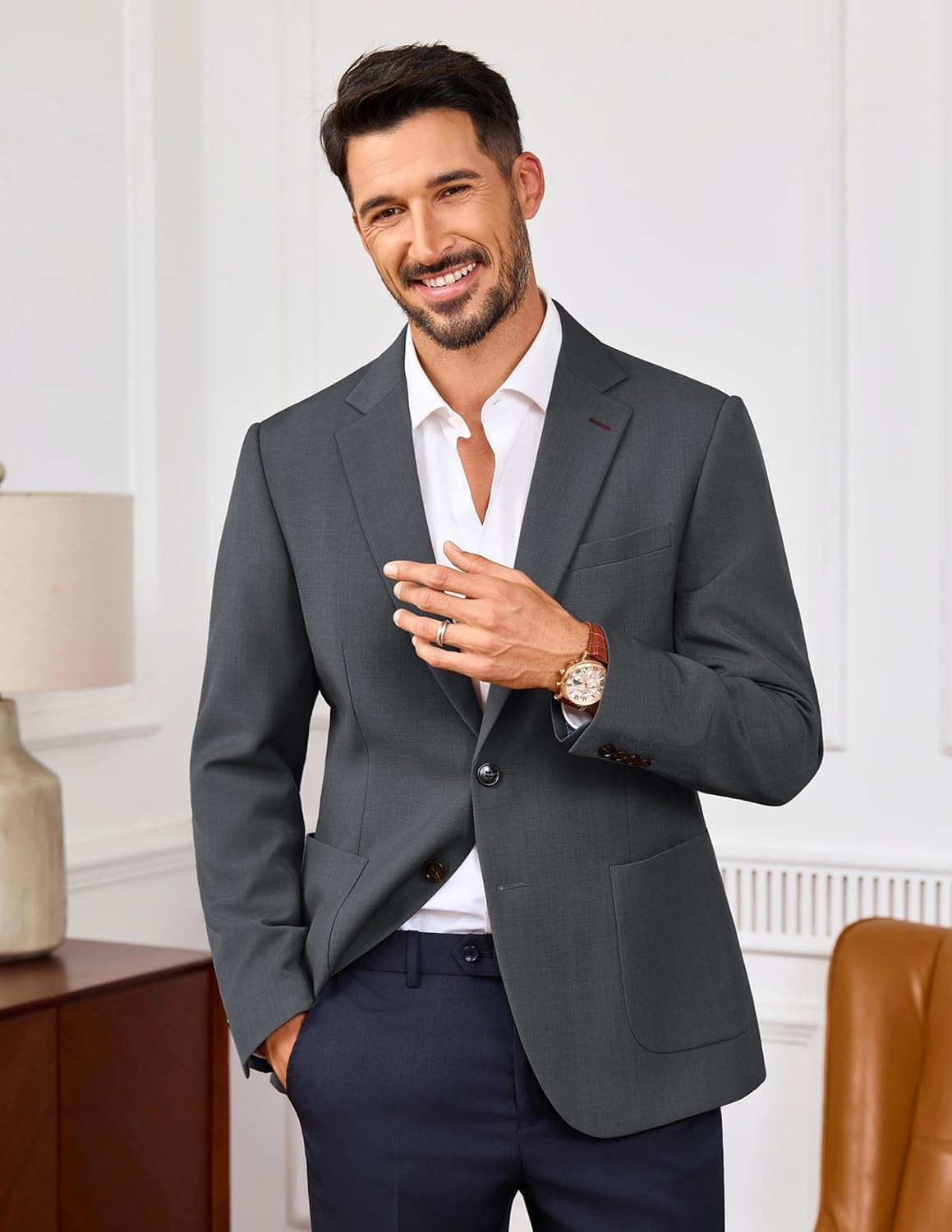 image:imagePJ PAUL JONES Mens Slim Fit Blazer Business Lightweight Casual Suit Jacket Soft stretchy fabrictwo buttons blazer for wedding work travelsolid sport coat with pocketsformal dress blazer jacketDark Gray