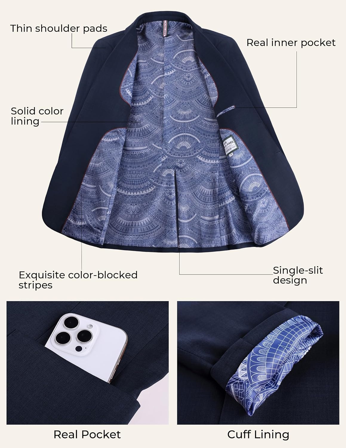 image:imagePJ PAUL JONES Mens Slim Fit Blazer Business Lightweight Casual Suit Jacket Soft stretchy fabrictwo buttons blazer for wedding work travelsolid sport coat with pocketsformal dress blazer jacketNavy Blue