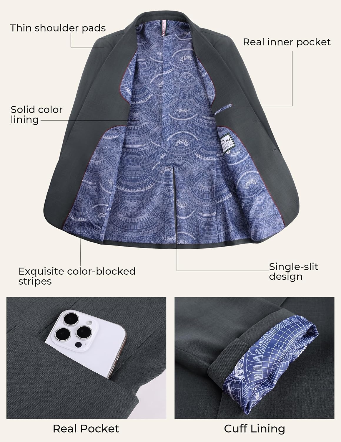 image:imagePJ PAUL JONES Mens Slim Fit Blazer Business Lightweight Casual Suit Jacket Soft stretchy fabrictwo buttons blazer for wedding work travelsolid sport coat with pocketsformal dress blazer jacketDark Gray