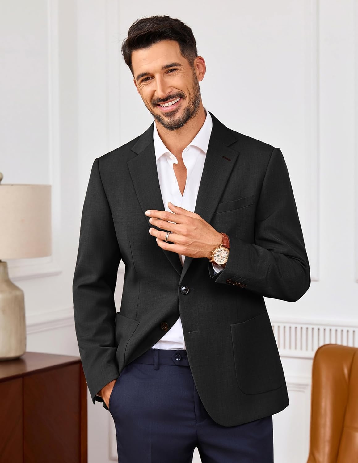 image:imagePJ PAUL JONES Mens Slim Fit Blazer Business Lightweight Casual Suit Jacket Soft stretchy fabrictwo buttons blazer for wedding work travelsolid sport coat with pocketsformal dress blazer jacketBlack