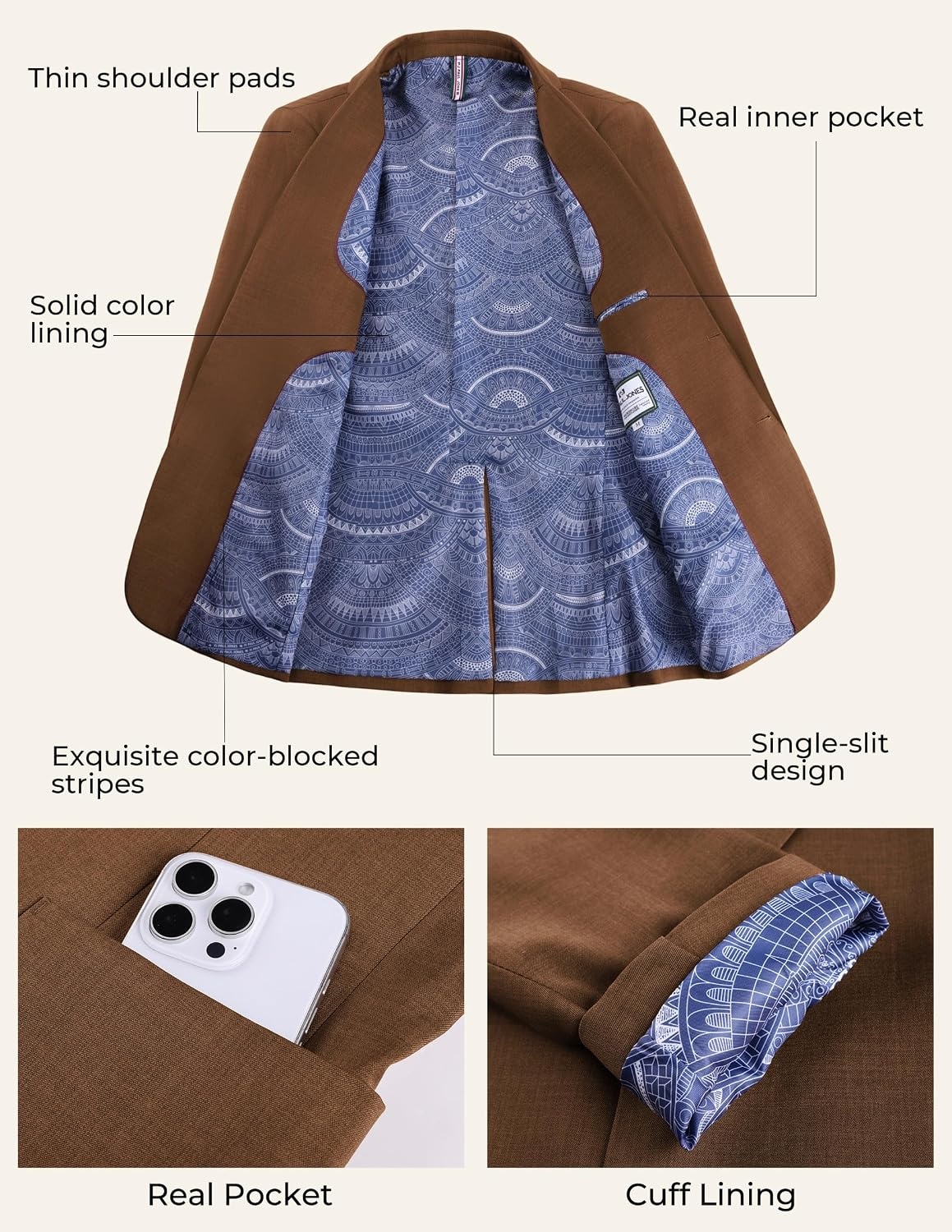 image:imagePJ PAUL JONES Mens Slim Fit Blazer Business Lightweight Casual Suit Jacket Soft stretchy fabrictwo buttons blazer for wedding work travelsolid sport coat with pocketsformal dress blazer jacketCoffee