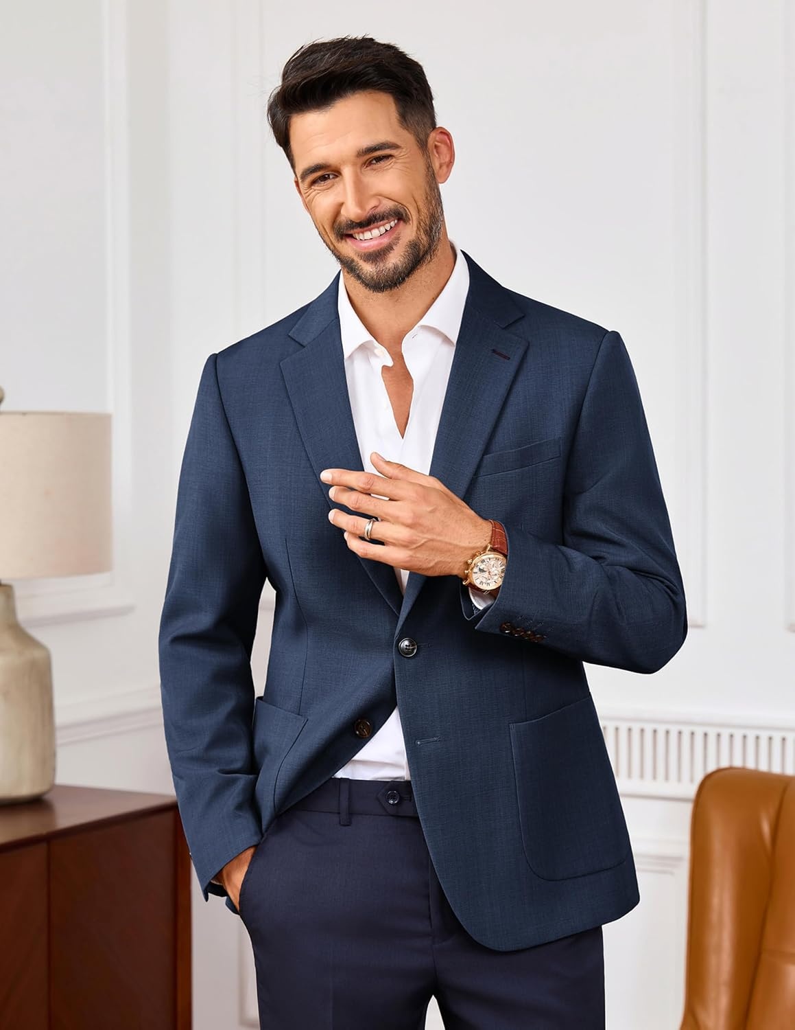 image:imagePJ PAUL JONES Mens Slim Fit Blazer Business Lightweight Casual Suit Jacket Soft stretchy fabrictwo buttons blazer for wedding work travelsolid sport coat with pocketsformal dress blazer jacketDark Blue