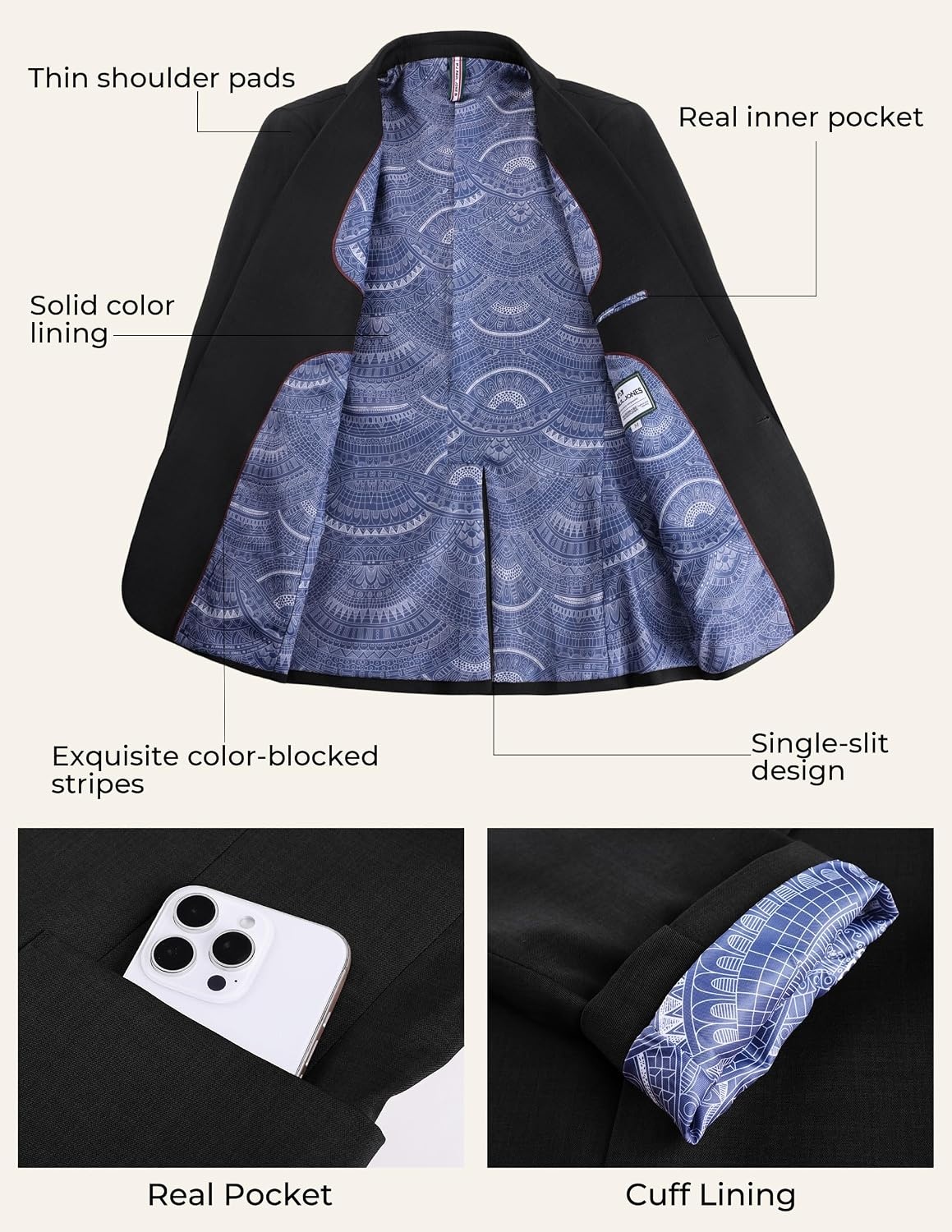 image:imagePJ PAUL JONES Mens Slim Fit Blazer Business Lightweight Casual Suit Jacket Soft stretchy fabrictwo buttons blazer for wedding work travelsolid sport coat with pocketsformal dress blazer jacketBlack