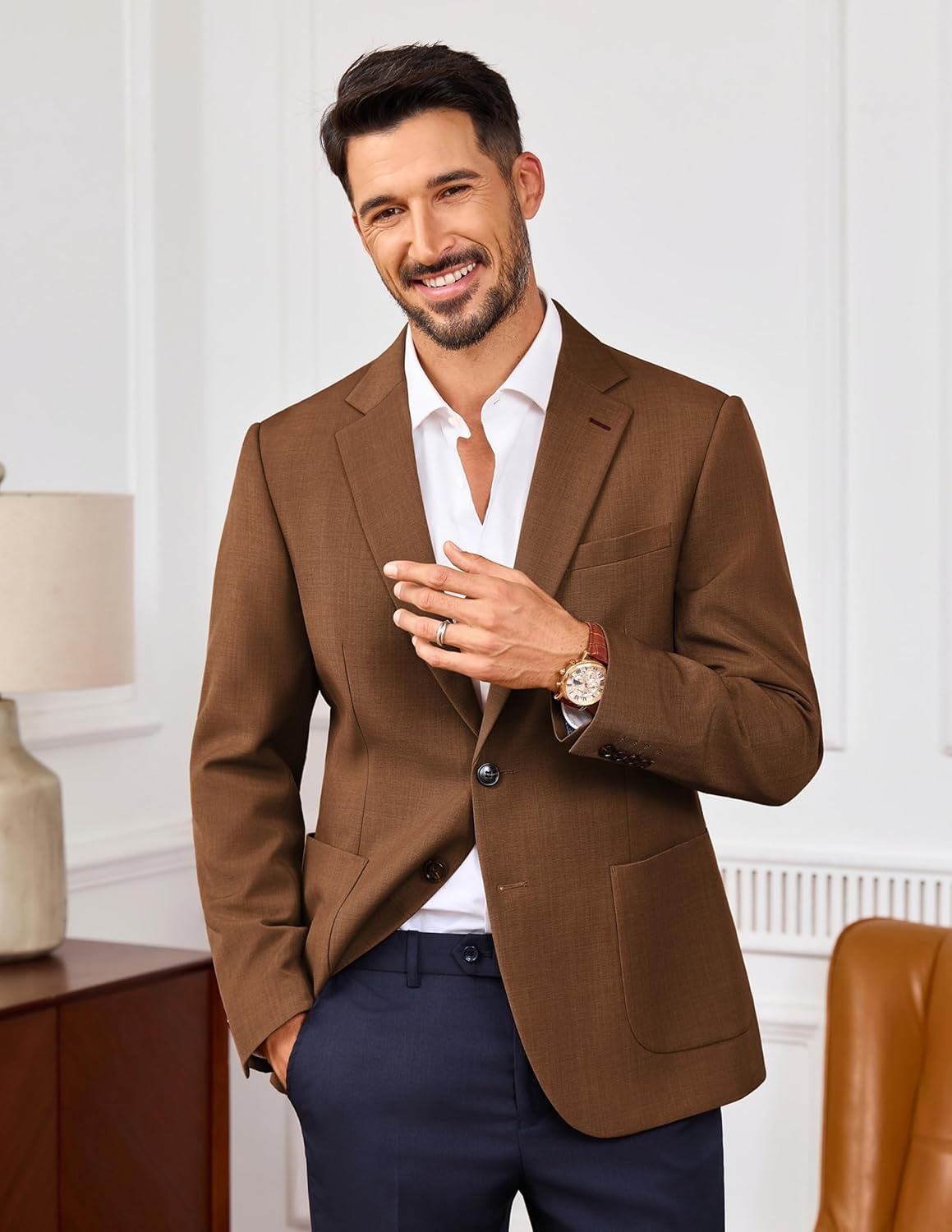 image:imagePJ PAUL JONES Mens Slim Fit Blazer Business Lightweight Casual Suit Jacket Soft stretchy fabrictwo buttons blazer for wedding work travelsolid sport coat with pocketsformal dress blazer jacketCoffee