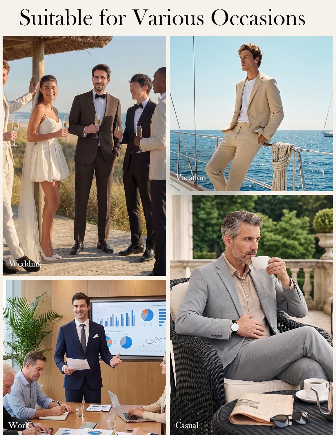 image:imagePJ PAUL JONES Mens Slim Fit Suit 2 Piece Casual Suit Set Two Button Blazer Pants Set Business Vintage Party WeddingApricot