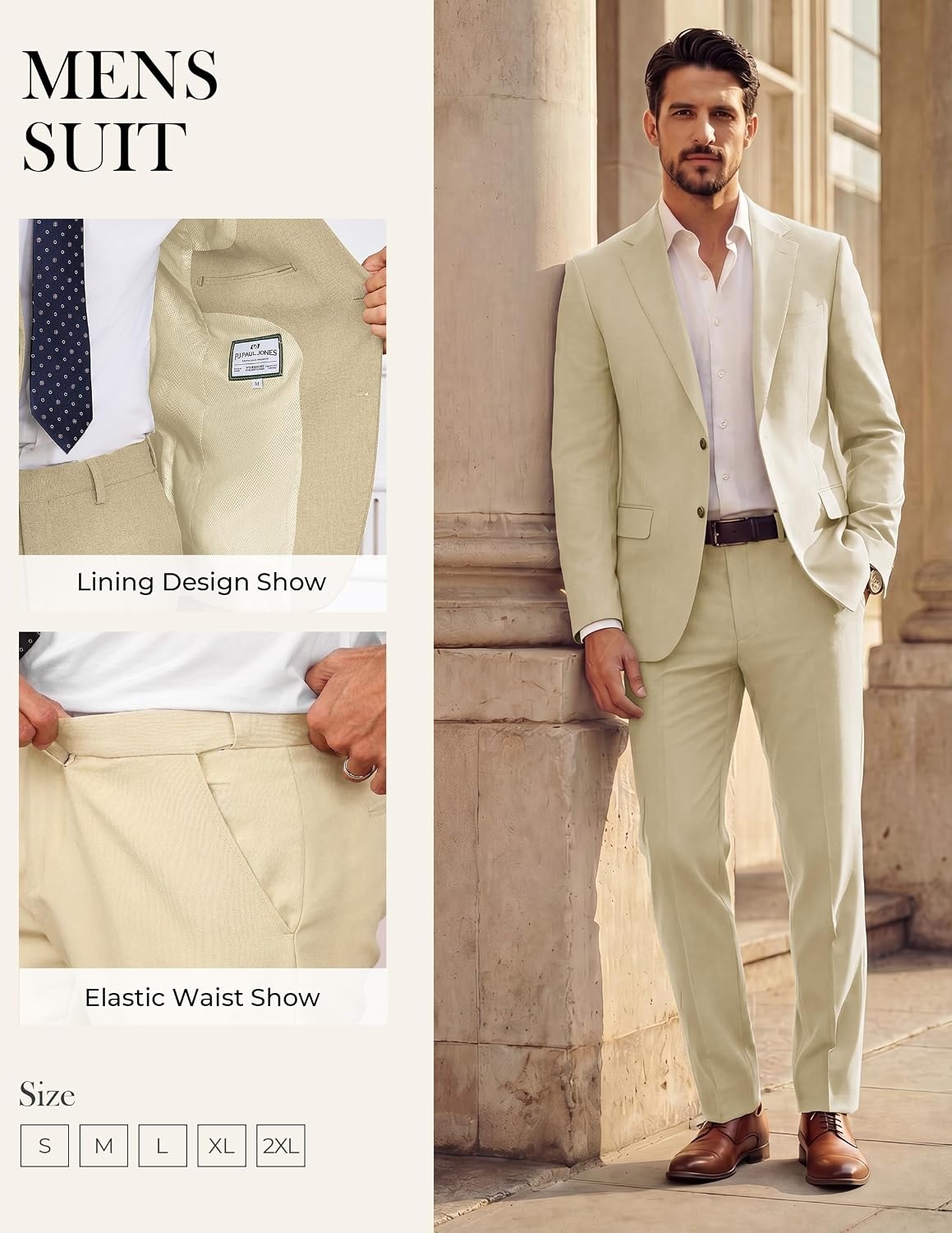 image:imagePJ PAUL JONES Mens Slim Fit Suit 2 Piece Casual Suit Set Two Button Blazer Pants Set Business Vintage Party WeddingApricot