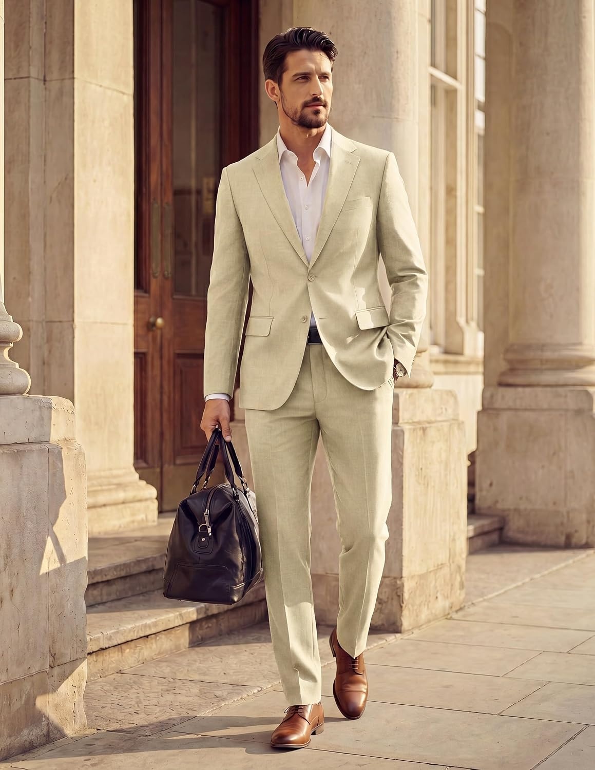 image:imagePJ PAUL JONES Mens Slim Fit Suit 2 Piece Casual Suit Set Two Button Blazer Pants Set Business Vintage Party WeddingApricot