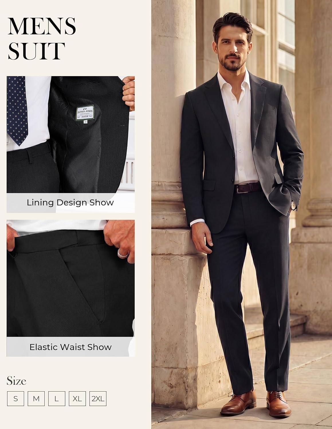 image:imagePJ PAUL JONES Mens Slim Fit Suit 2 Piece Casual Suit Set Two Button Blazer Pants Set Business Vintage Party WeddingBlack