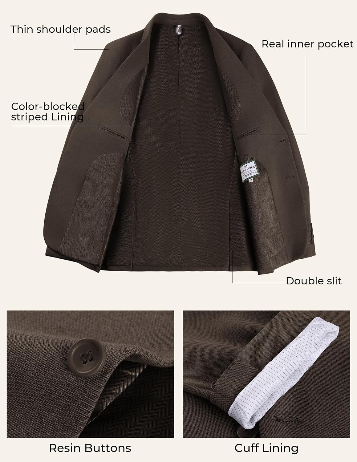 image:imagePJ PAUL JONES Mens Slim Fit Suit 2 Piece Casual Suit Set Two Button Blazer Pants Set Business Vintage Party WeddingDark Brown
