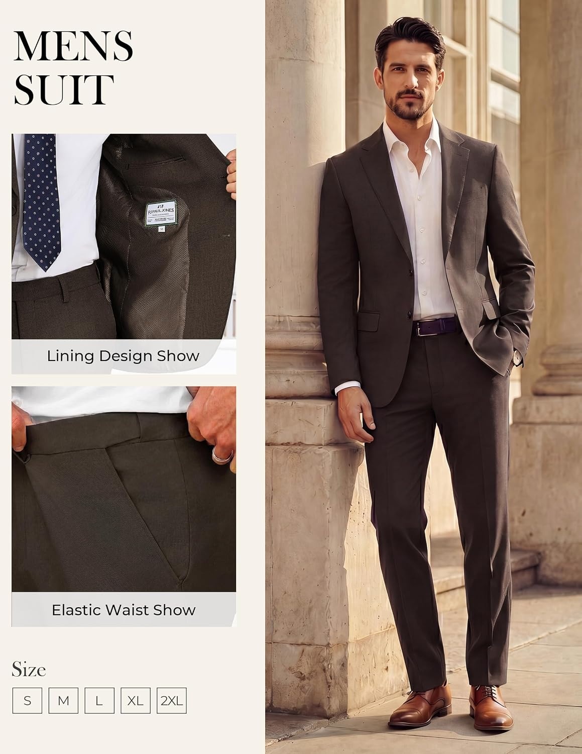 image:imagePJ PAUL JONES Mens Slim Fit Suit 2 Piece Casual Suit Set Two Button Blazer Pants Set Business Vintage Party WeddingDark Brown