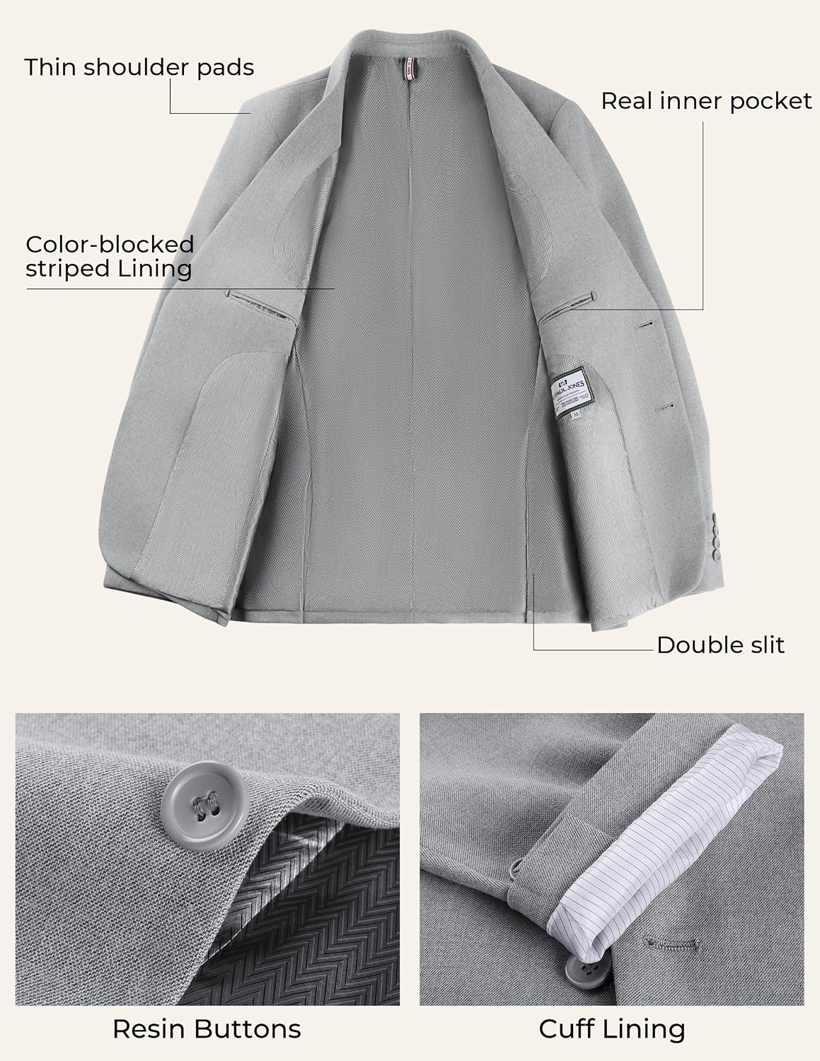 image:imagePJ PAUL JONES Mens Slim Fit Suit 2 Piece Casual Suit Set Two Button Blazer Pants Set Business Vintage Party WeddingGray