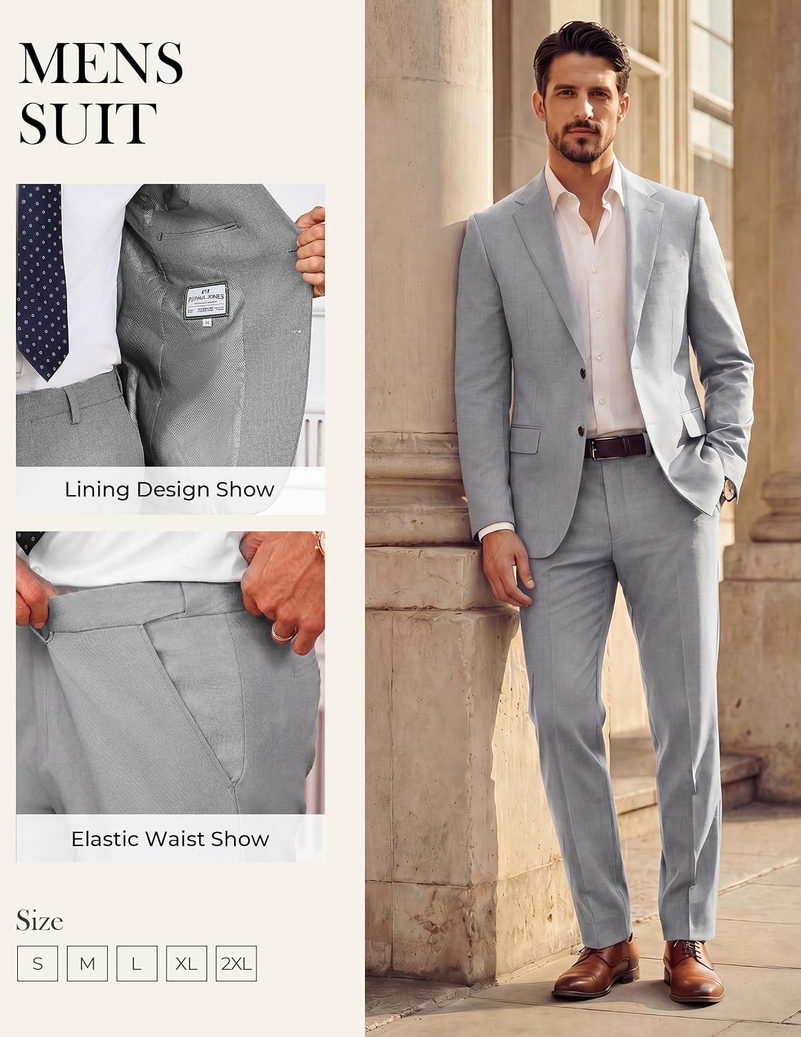 image:imagePJ PAUL JONES Mens Slim Fit Suit 2 Piece Casual Suit Set Two Button Blazer Pants Set Business Vintage Party WeddingGray