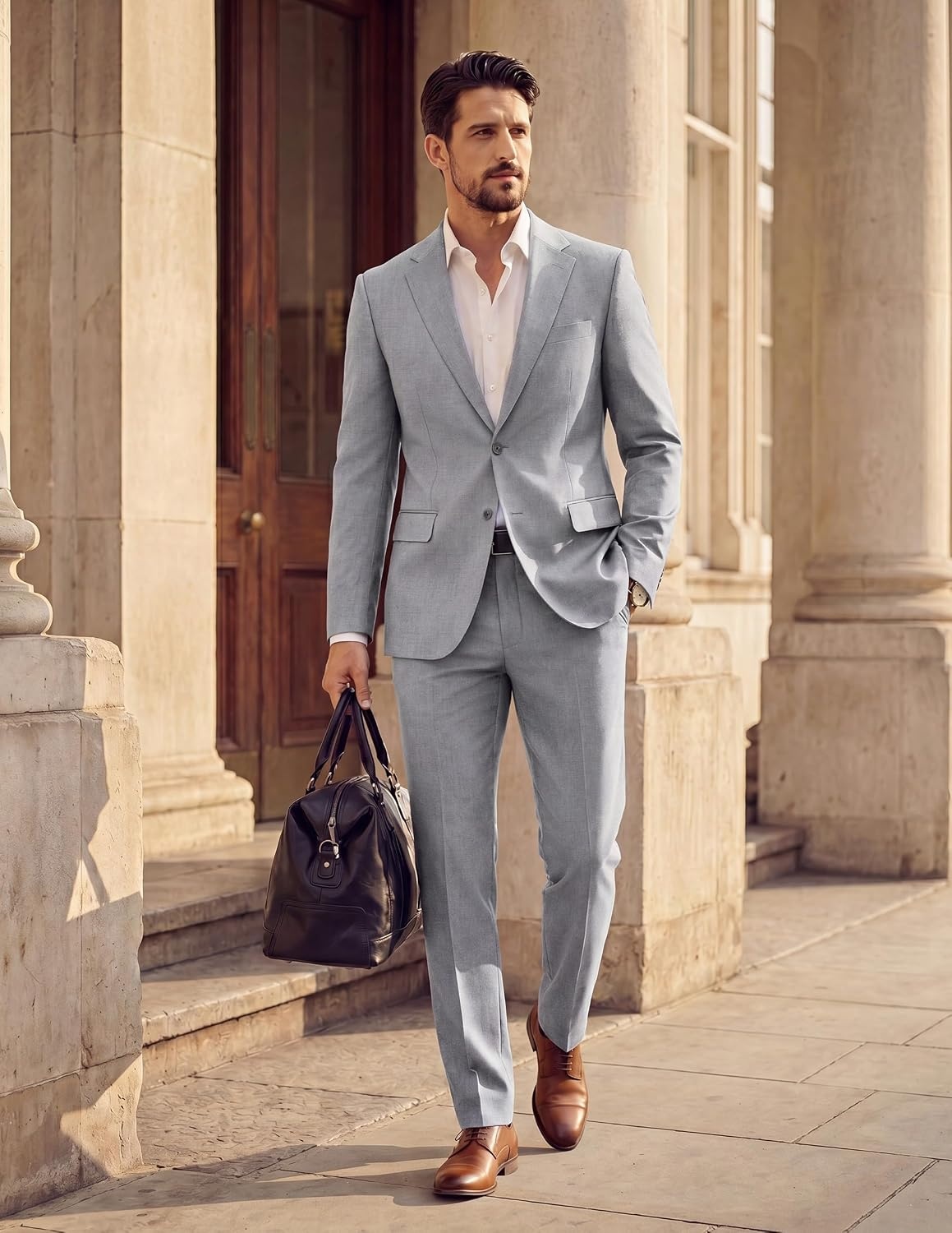 image:imagePJ PAUL JONES Mens Slim Fit Suit 2 Piece Casual Suit Set Two Button Blazer Pants Set Business Vintage Party WeddingGray