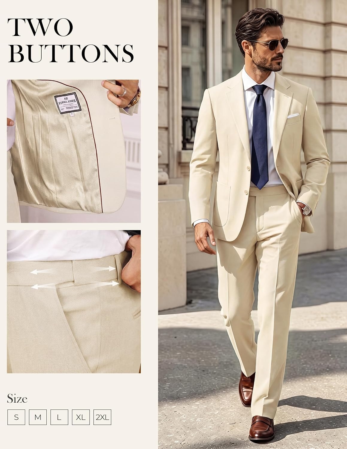 image:imagePJ PAUL JONES Mens Suit 2 Piece Classic Fit Suit Set Two Button Business Blazer Jacket Pants Set Wedding PromApricot