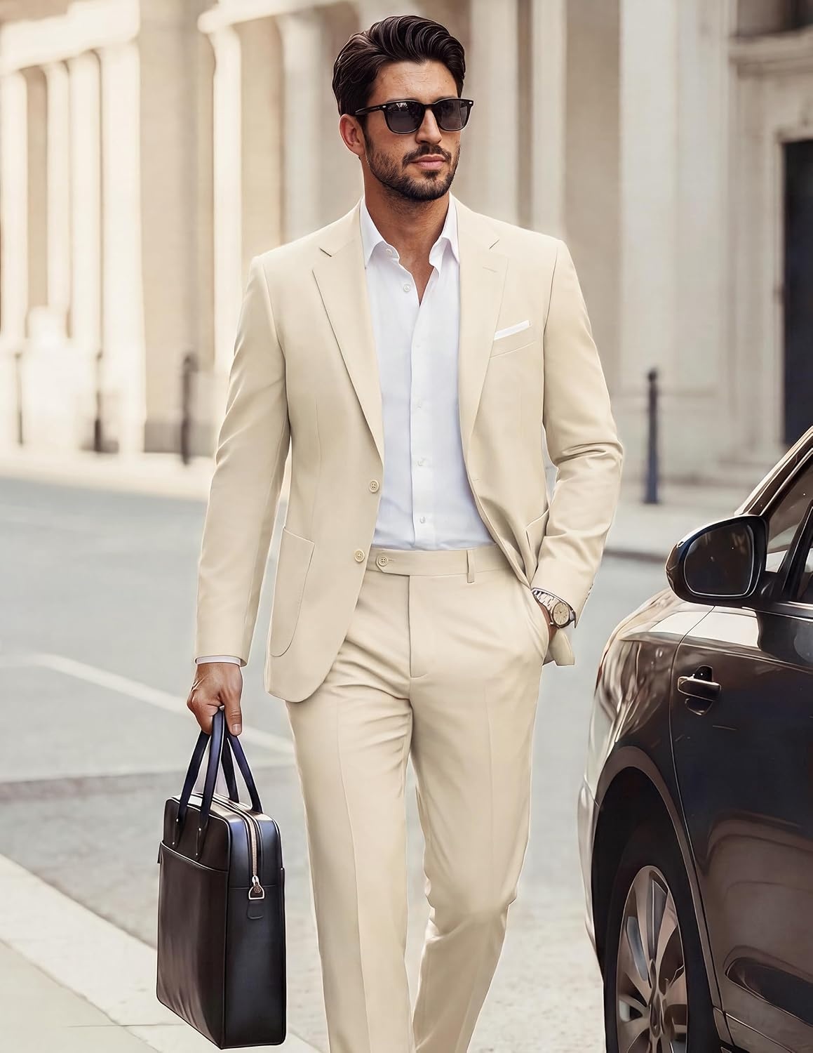 image:imagePJ PAUL JONES Mens Suit 2 Piece Classic Fit Suit Set Two Button Business Blazer Jacket Pants Set Wedding PromApricot