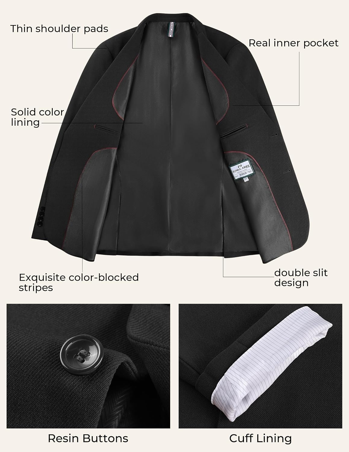 image:imagePJ PAUL JONES Mens Suit 2 Piece Classic Fit Suit Set Two Button Business Blazer Jacket Pants Set Wedding PromBlack