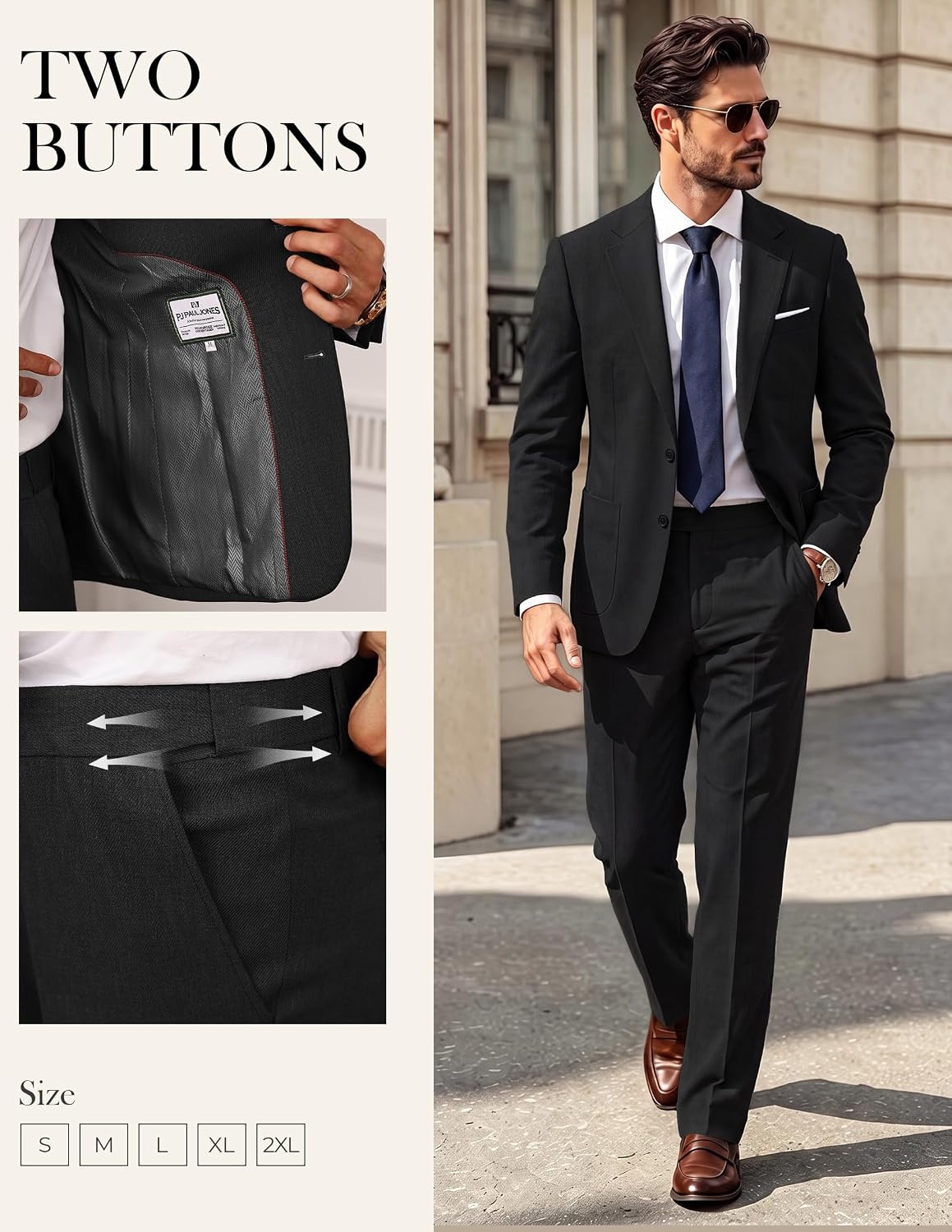 image:imagePJ PAUL JONES Mens Suit 2 Piece Classic Fit Suit Set Two Button Business Blazer Jacket Pants Set Wedding PromBlack
